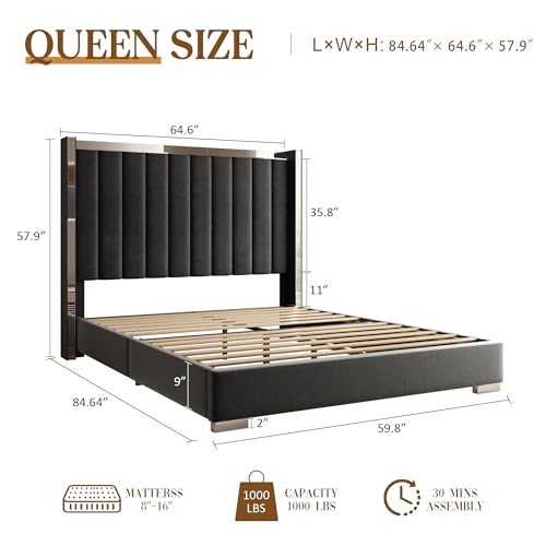 58" Tall Queen Size Platform Bed Frame with Velvet Wingback Headboard & Channel Tufting Design, Silver Metal Trim and Chrome-Plated Legs, No Box Spring Needed, Easy Assembly,Noise Free, Black