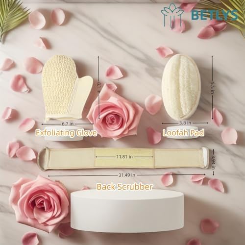 Natural Loofah Sponge Exfoliating Body Scrubber, Loofa Back Scrubber for Shower Set for Men and Women (3 Pack), Luffa Sponge Pads & Exfoliating Glove Deep Clean & Invigorate Your Skin, Yellow