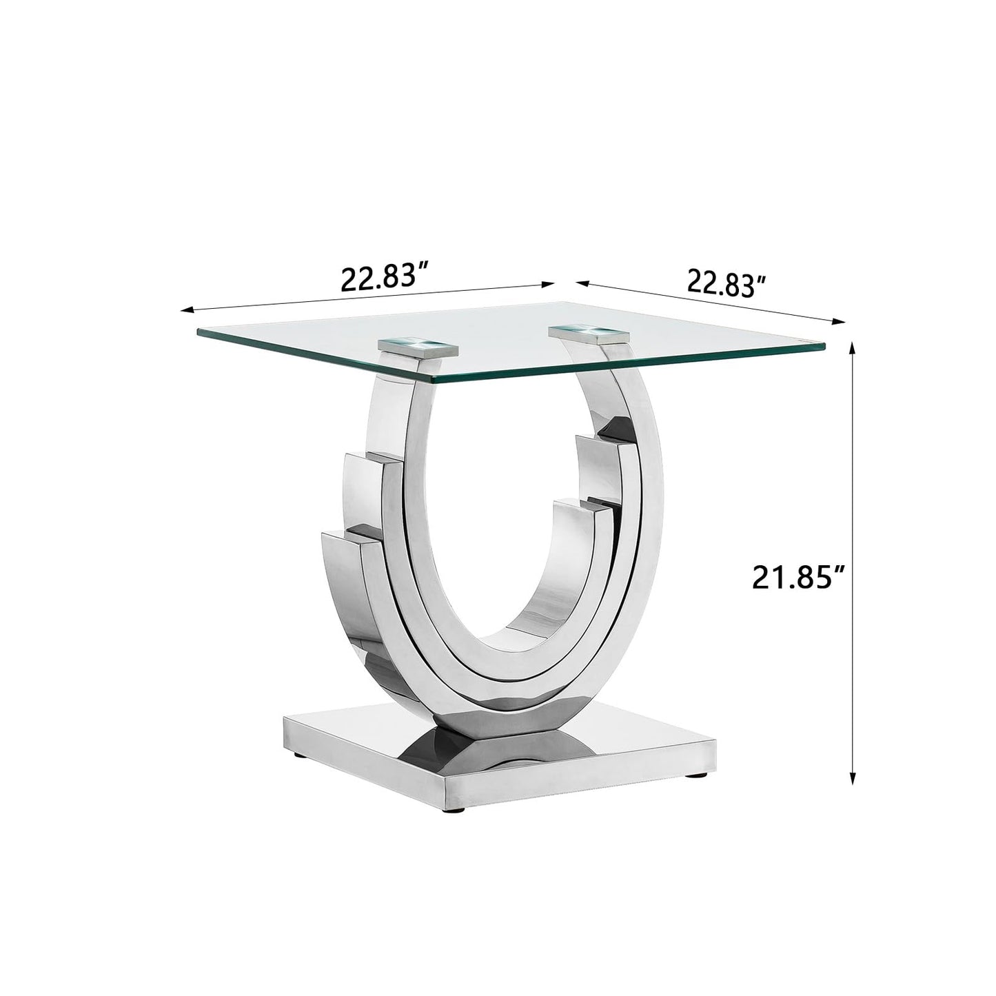 SSLine 1 Piece Living Room End Table Luxury Glass Side Table, Modern Silver End Table with Ring-Shape Stainless Steel Pedestal Base for Living Room Bedroom Office(1 End Table)