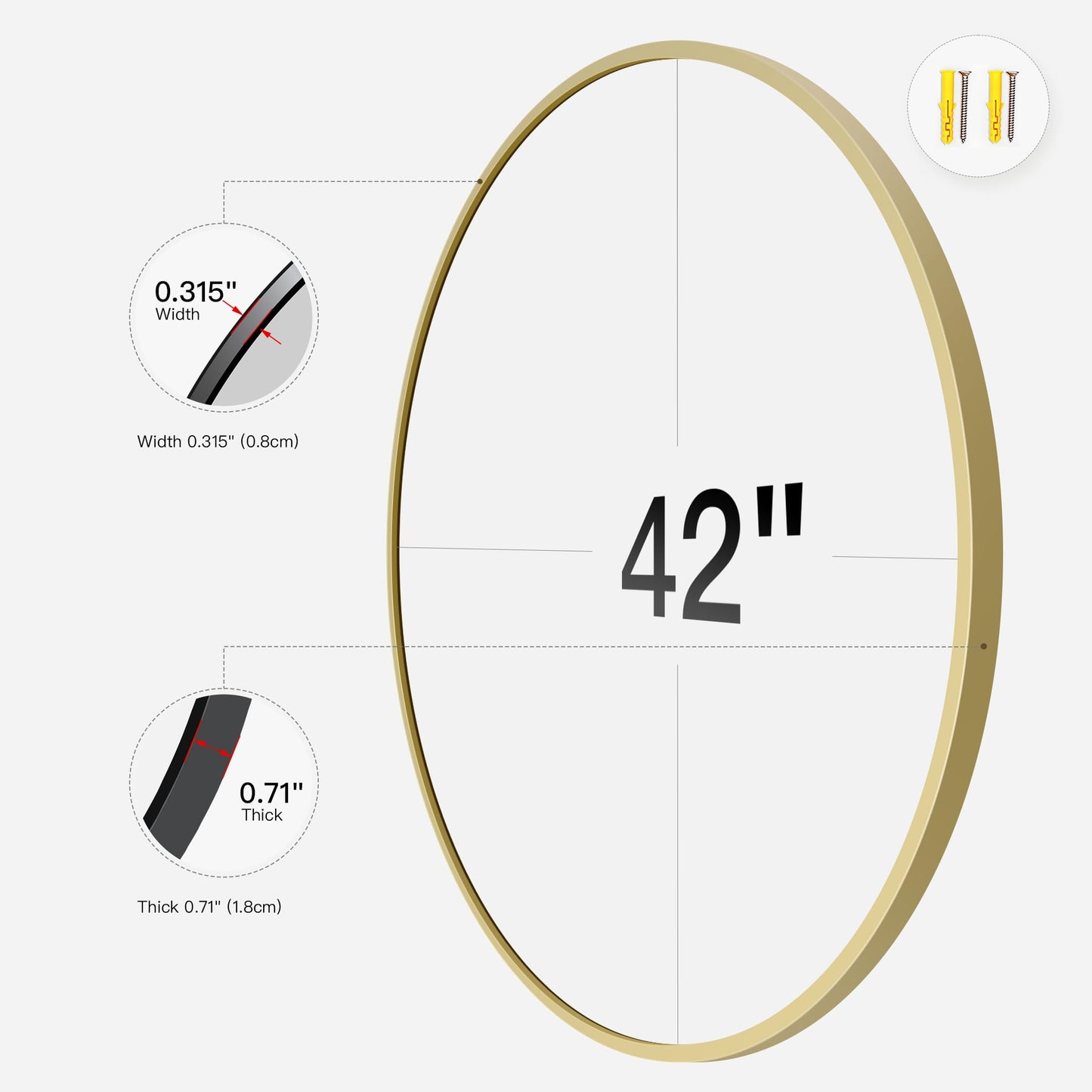 Koonmi 42" Gold Circle Mirror Wall Mounted Round Mirror with Metal Frame for Bathroom/Living Room/Vanity/Bedroom