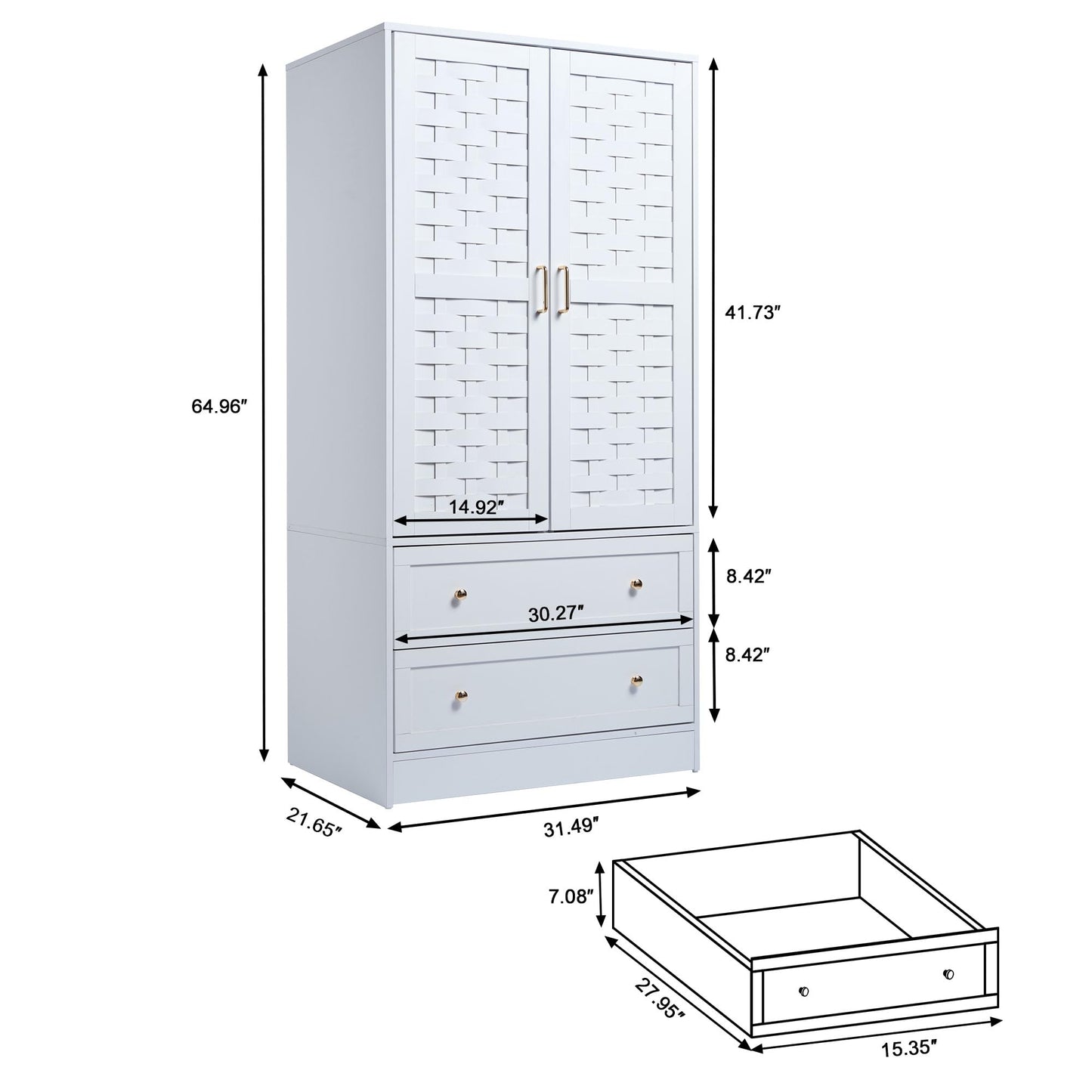 LEVNARY Armoire Wardrobe Closet with 2 Woven Doors, Wardrobe Cabinet with 2 Storage Drawers and Hanging Rail, Freestanding Wooden Closet for Bedroom (White)