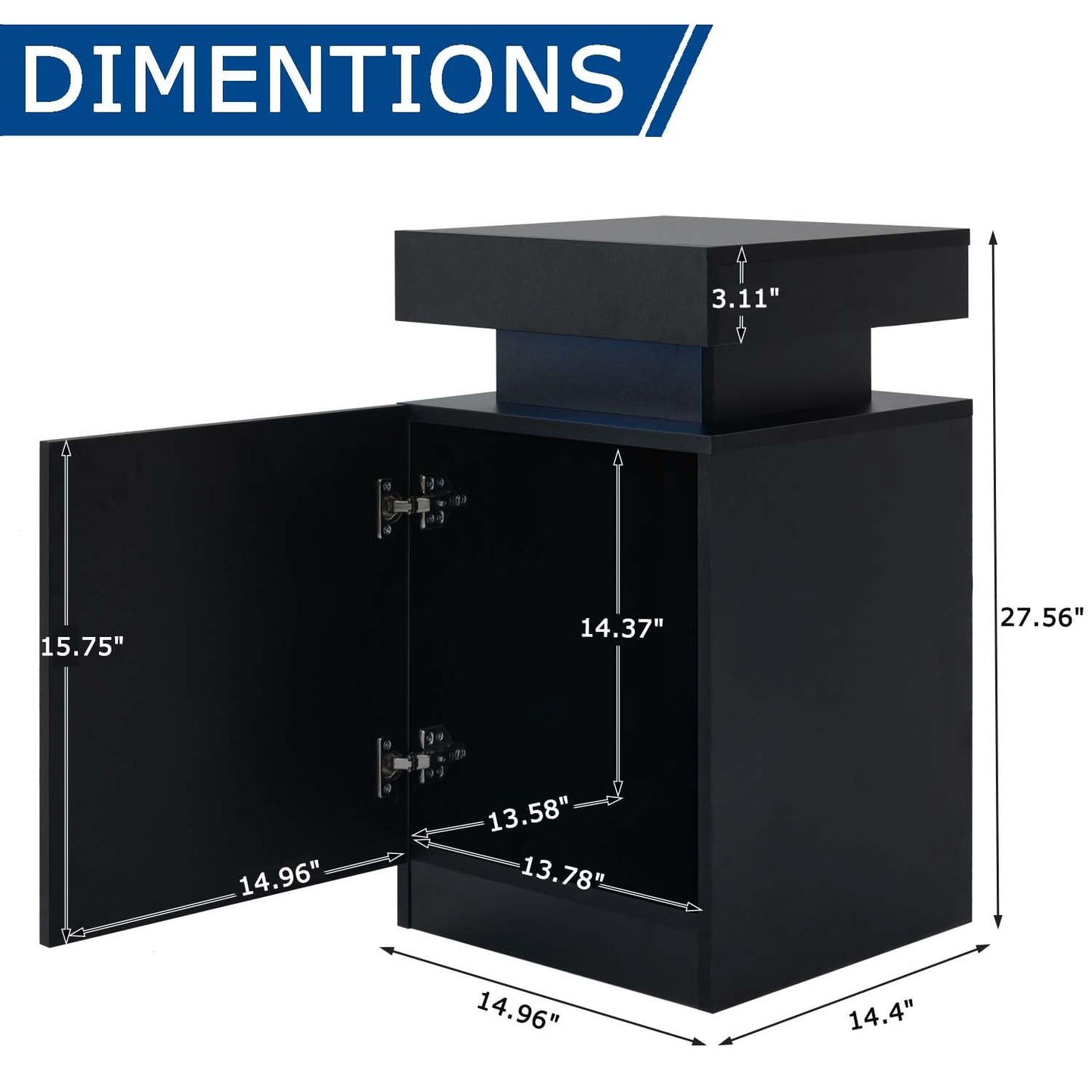 Black Nightstands with Set of 2, LED End Table Set with One Storage Cabinet, Modern Bedside Table with Door for Bedroom