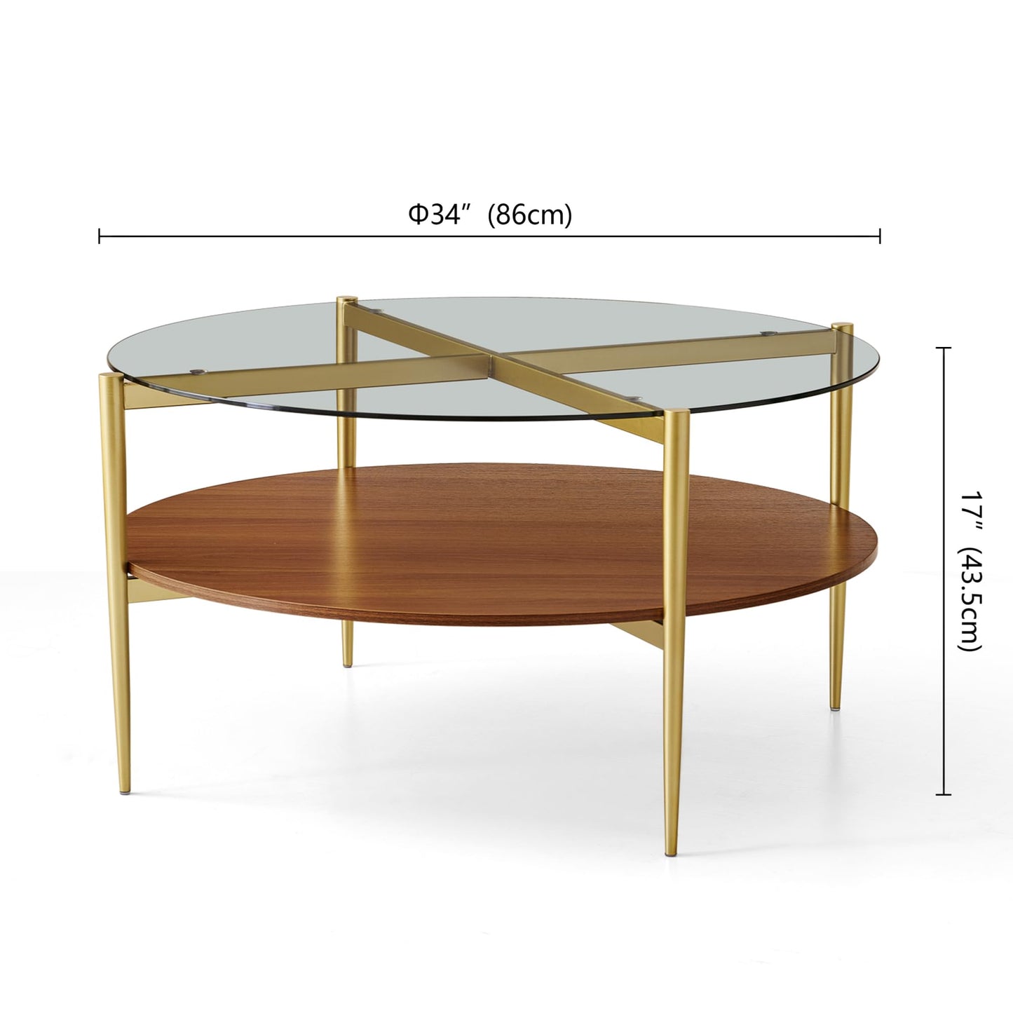 LumFurn Extra Large Round Coffee Table, Mid-Century Modern Design, D34 x H17 in, for Living Room, 2-Tier Structure, Clear Glass Top and Walnut MDF Shelf, Sleek Conical Metal Legs with Gold Finish