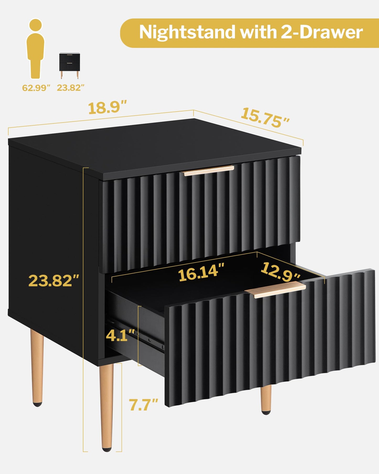 SICOTAS Black Night Stand Set 2, Wide Fluted Nightstand with 2 Drawers, Modern Glossy Storage Bedside Table for Bedroom, End Side Table with Golden Metal Legs and Handles