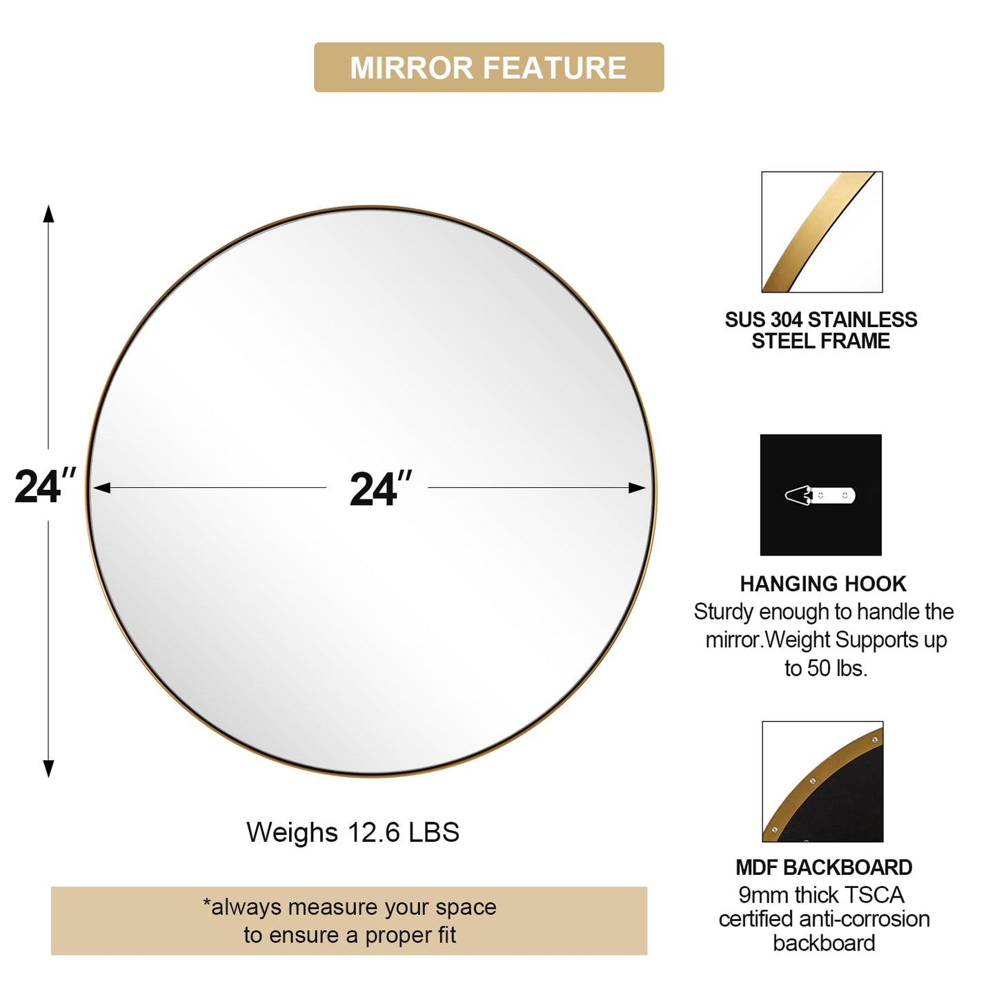 ANDY STAR Gold Round Mirror, 24’’ Brushed Gold Circle Bathroom Mirrors in Stainless Steel Metal Frame 1" Deep Set Design