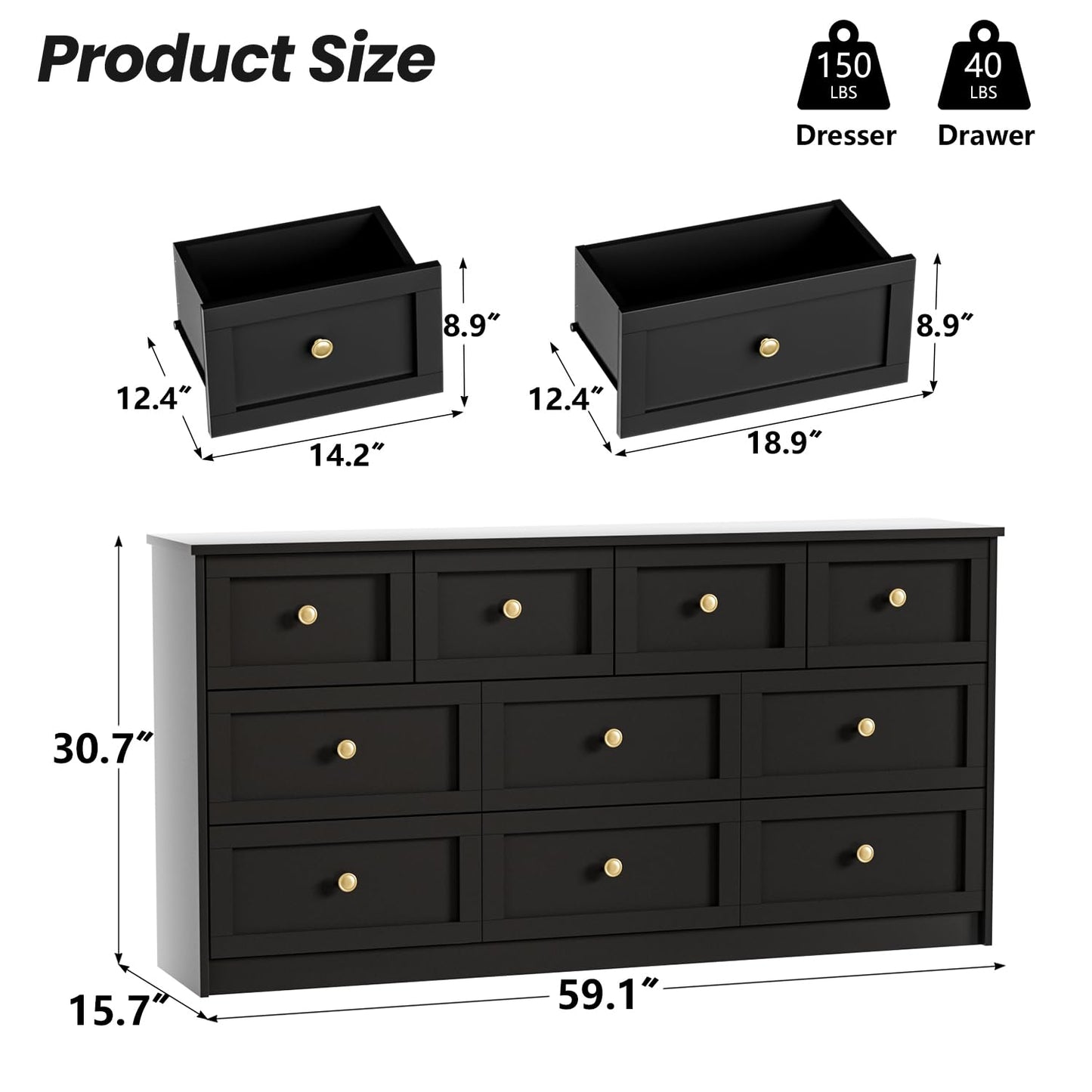 59.1" Wide Dressers & Chests of Drawers with Large Capacity Storage, Large Wooden Storage Organizer 10 Drawer Dresser for Bedroom(Black)