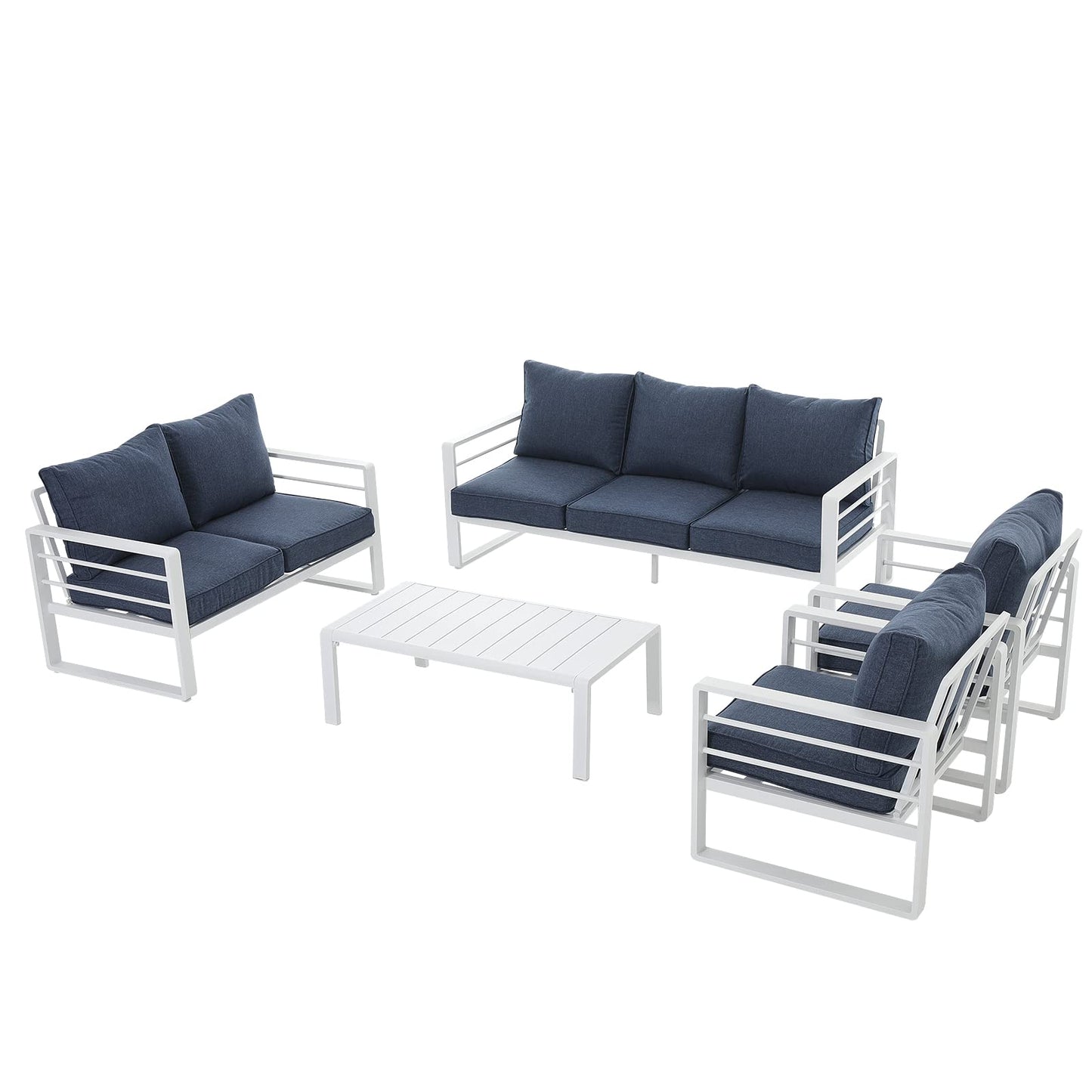 Patiorama Aluminum Patio Furniture Set, 5 PCS Modern Patio Conversation Set, All Weather White Outdoor Sectional Sofa Set w/Coffee Table, Patio Seating Set, Olefin Cushion, Garden-Blue Cushion