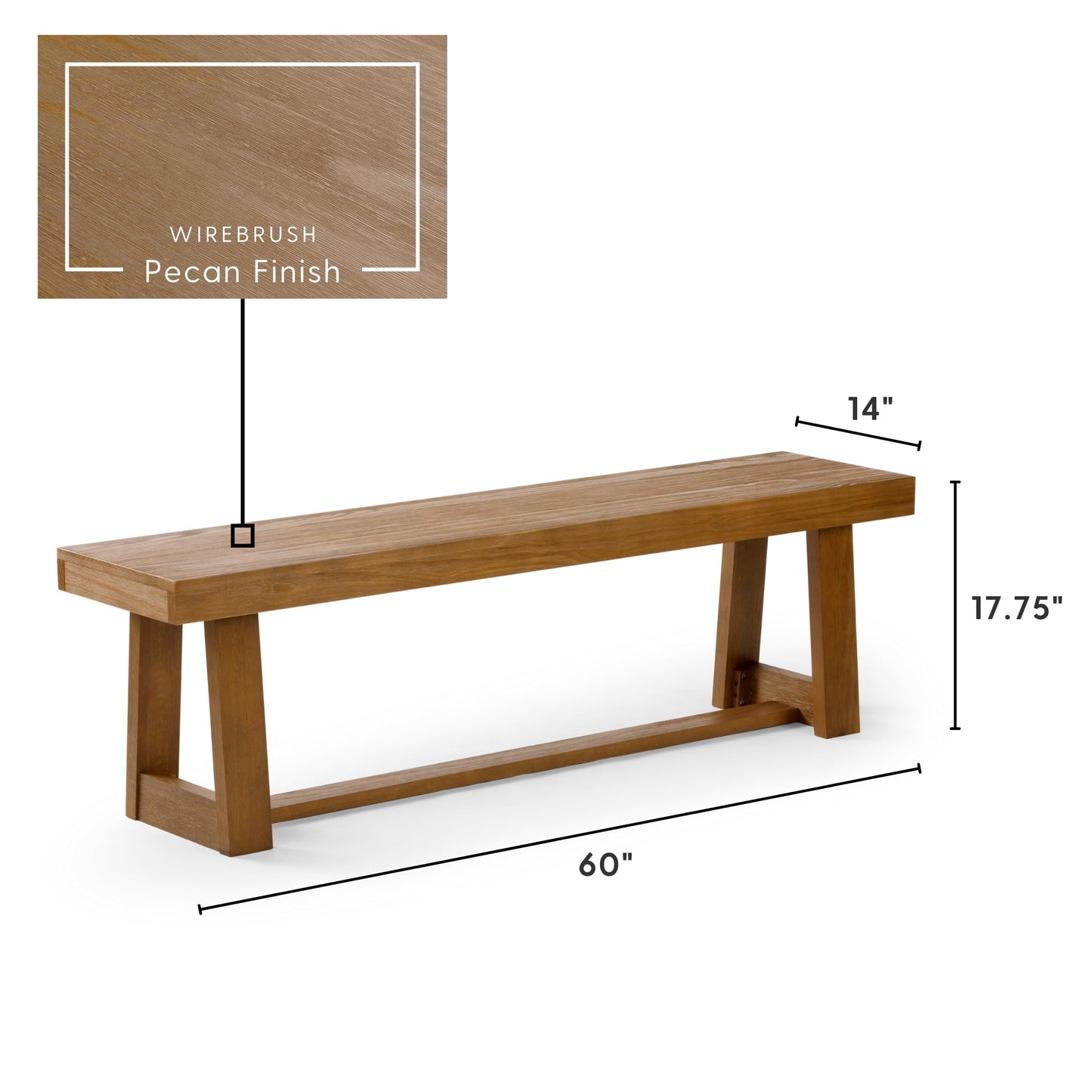 Plank+Beam 60 Inch Farmhouse Dining Bench, Solid Wood Entryway Bench, Wooden Outdoor Bench, Kitchen Dining Seat, Dining Room, Home Office, Living Room Furniture, Easy Assembly, Pecan Wirebrush
