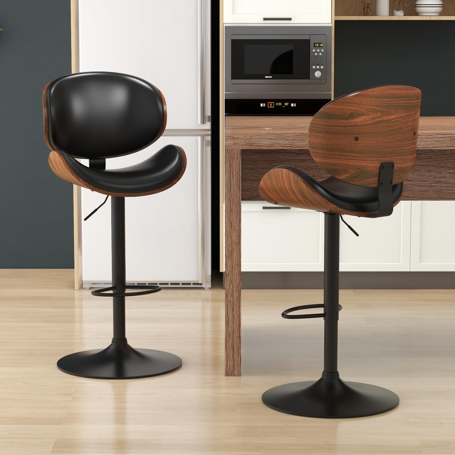 KCC Bar Stools Set of 2, Swivel Adjustable Height Barstools, PU Leather Upholstered Bar Chairs with Footrest, Bentwood Bar Stool for Kitchen, Bar, Dining Room(Black PU)