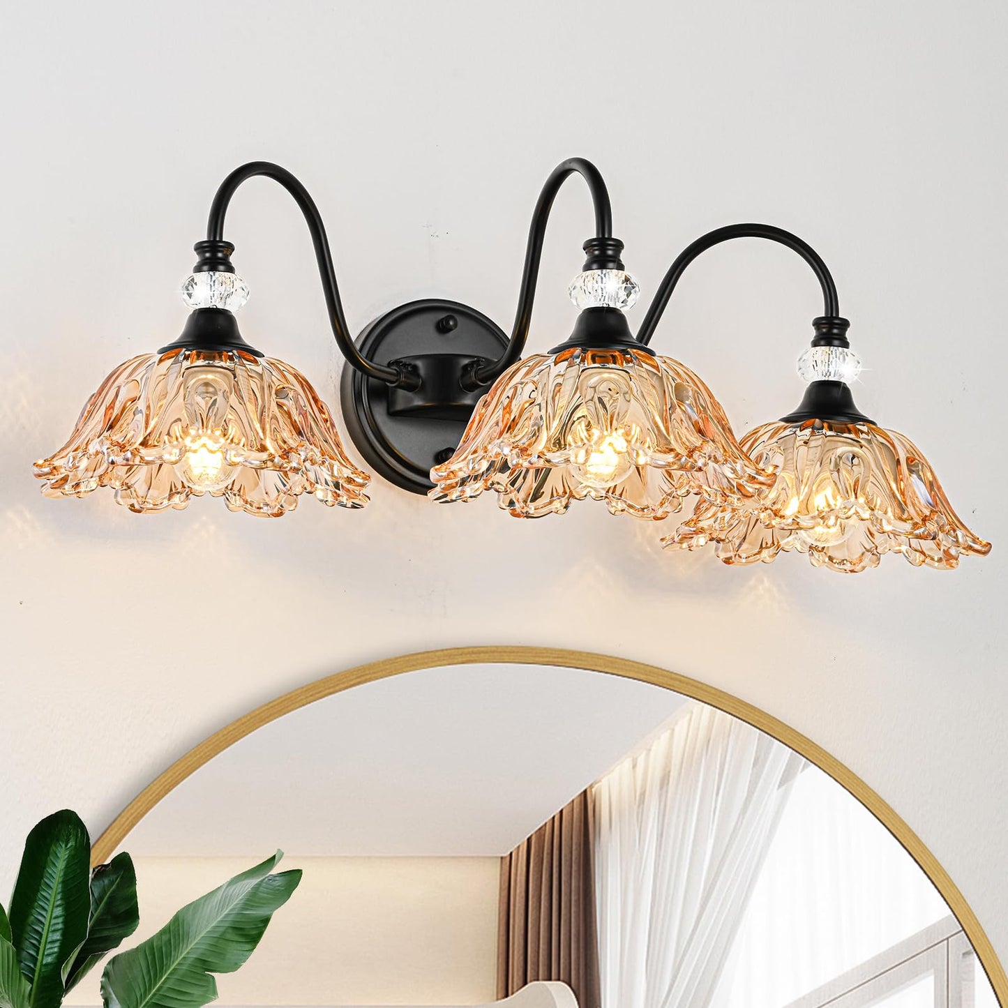 sunkryster Black Bathroom Vanity Light,3-Light Vanity Light with Floral Amber Glass Shades,Vintage Farmhouse Wall Mount Lighting for Bathroom, Dressing Table