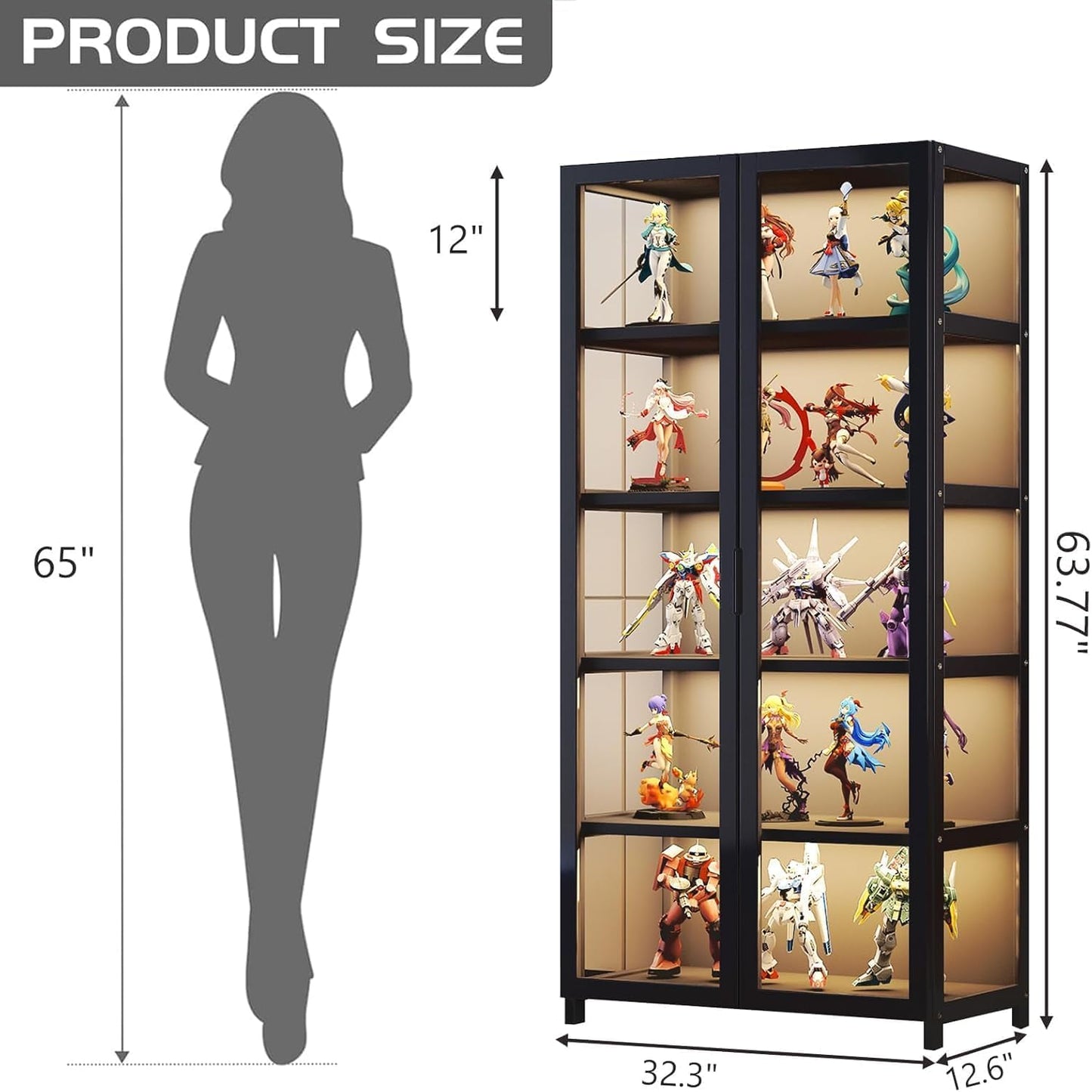 HMBTCRY Display Cabinet with Acrylic Glass Doors,5-Tier Display Cases for Collectibles, Large Toy Display Shelves & Kids Bookcase for Playroom, Bedroom Study Room (Black-1)