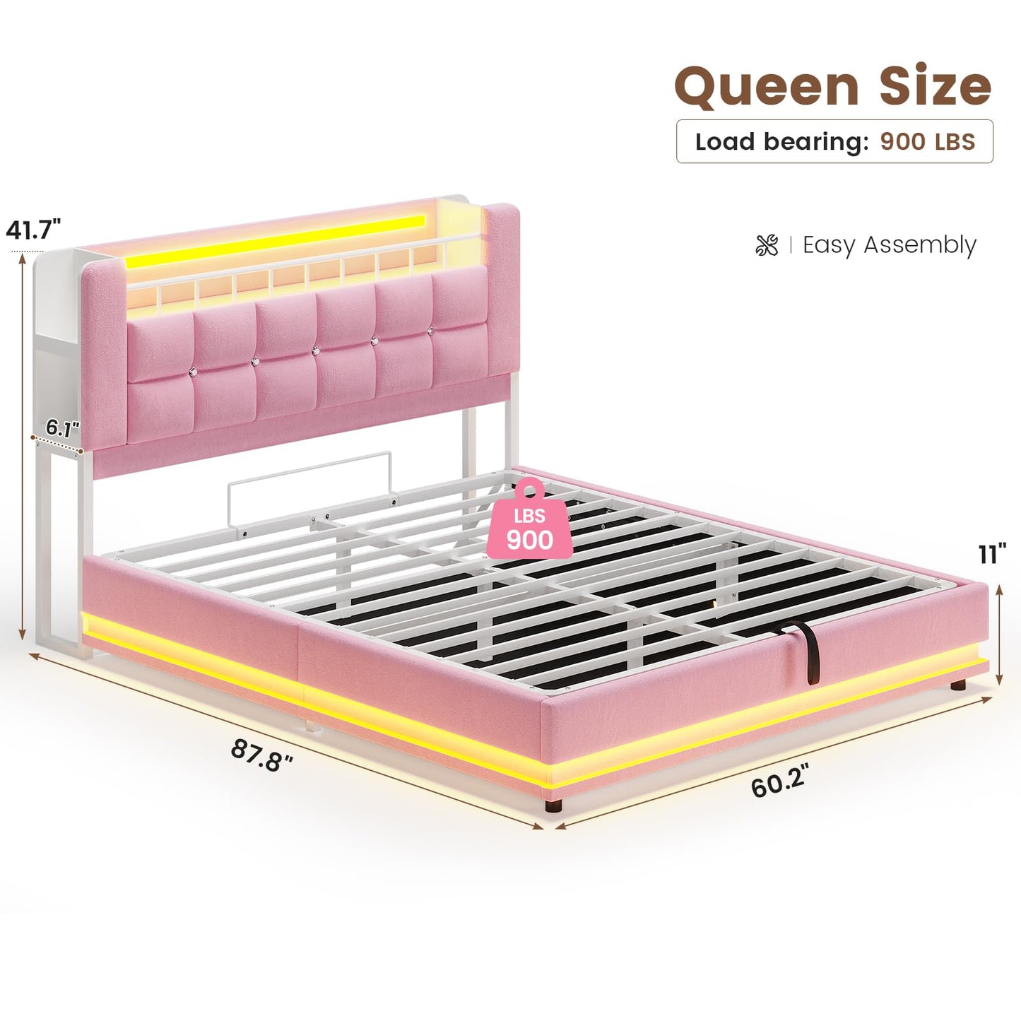ADORNEVE Queen Size Lift Up Storage Bed with LED Lights & Storage Bookcase Headboard, Velvet Upholstered Platform Bed for Girls, Queen Bed Frame with Charging Station,Hydraulic Lift System, Pink