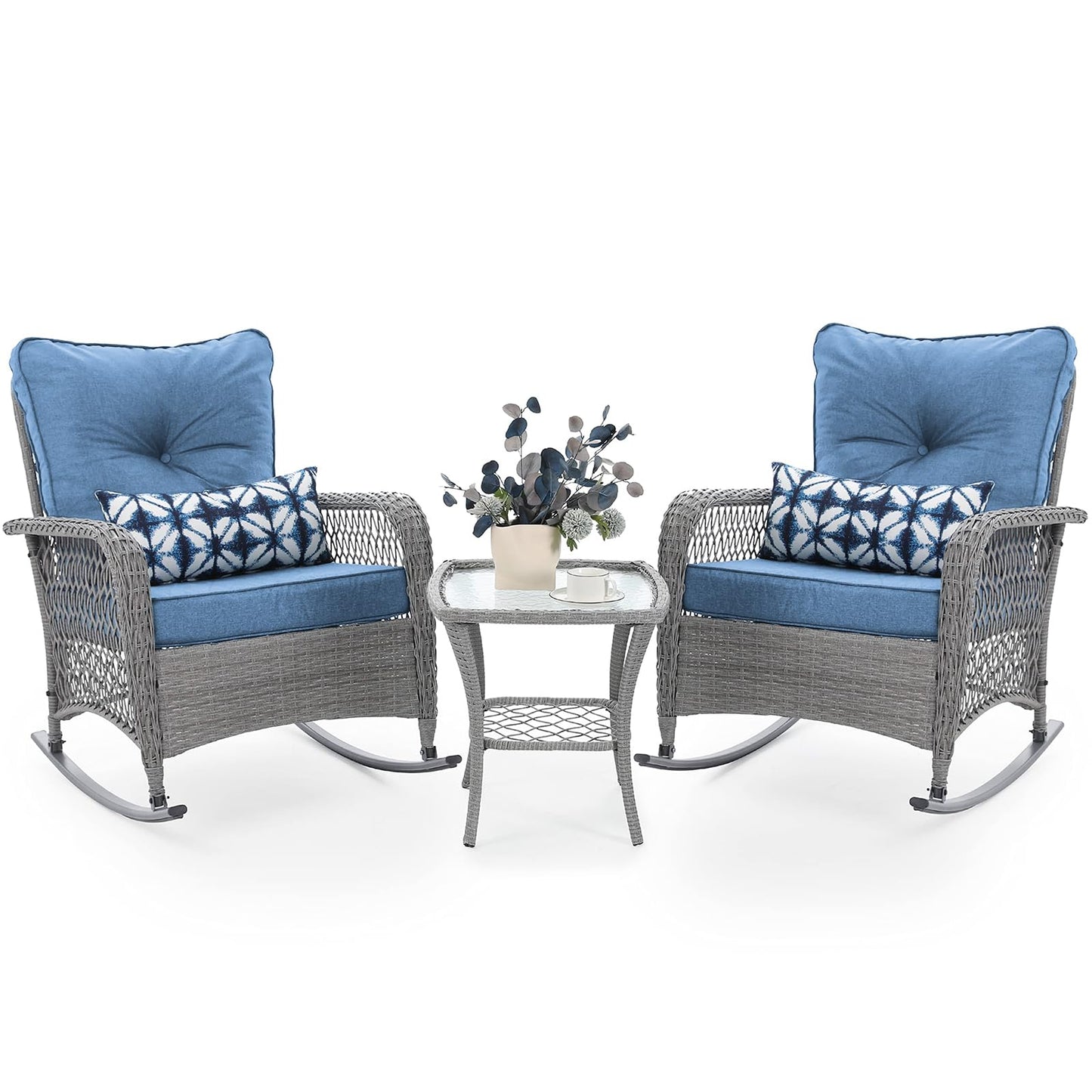 UDPATIO 3 Piece Patio Rocking Chair Set, Wicker Rocking Bistro Set with 2 Rockers and 1 Side Table with 4‘’ Thick Cushions for Backyard, Porch, Balcony, Poolside, Grey/Blue
