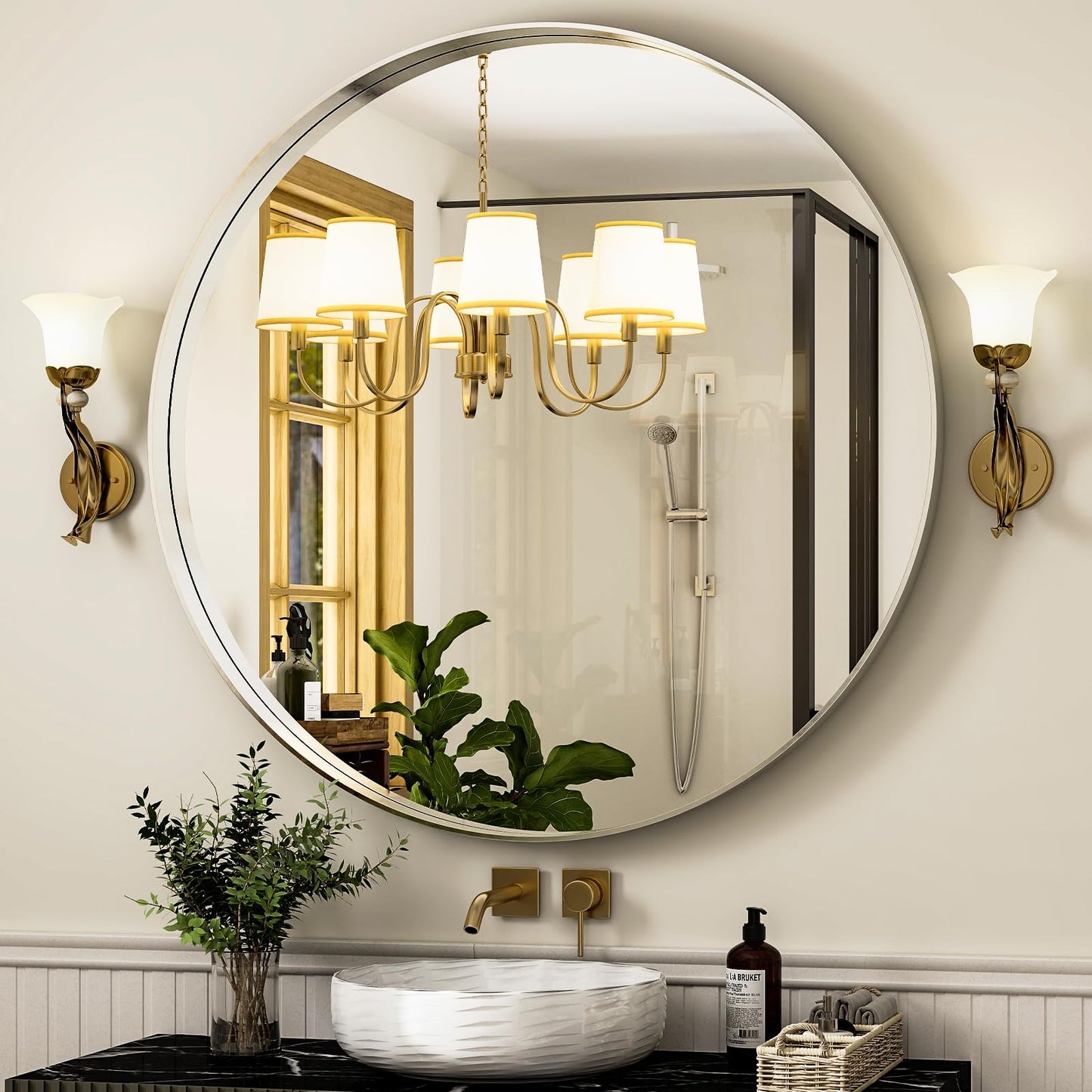 Easly 30 Inch Round Bathroom Mirror - Wall Mounted Circle Mirror with Metal Frame, Modern Mirror Suitable for Bathroom, Vanity, Entryway, Living Room, Wall Decor,Silver