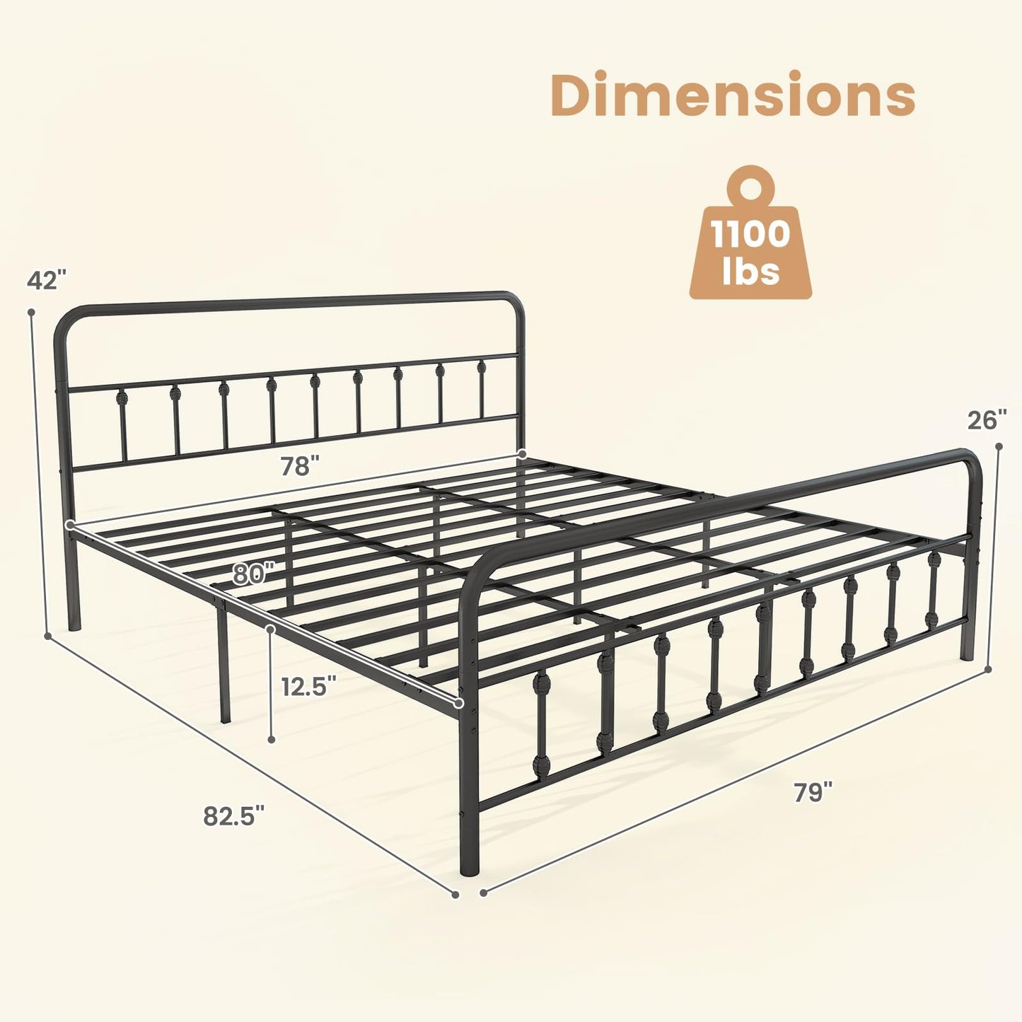 KOMFOTT King Size Metal Bed Frame with Headboard & Footboard, Victorian Style Metal Platform Bed Frame with Under Bed Storage, Noise-Free Mattress Foundation No Box Spring Needed, Black