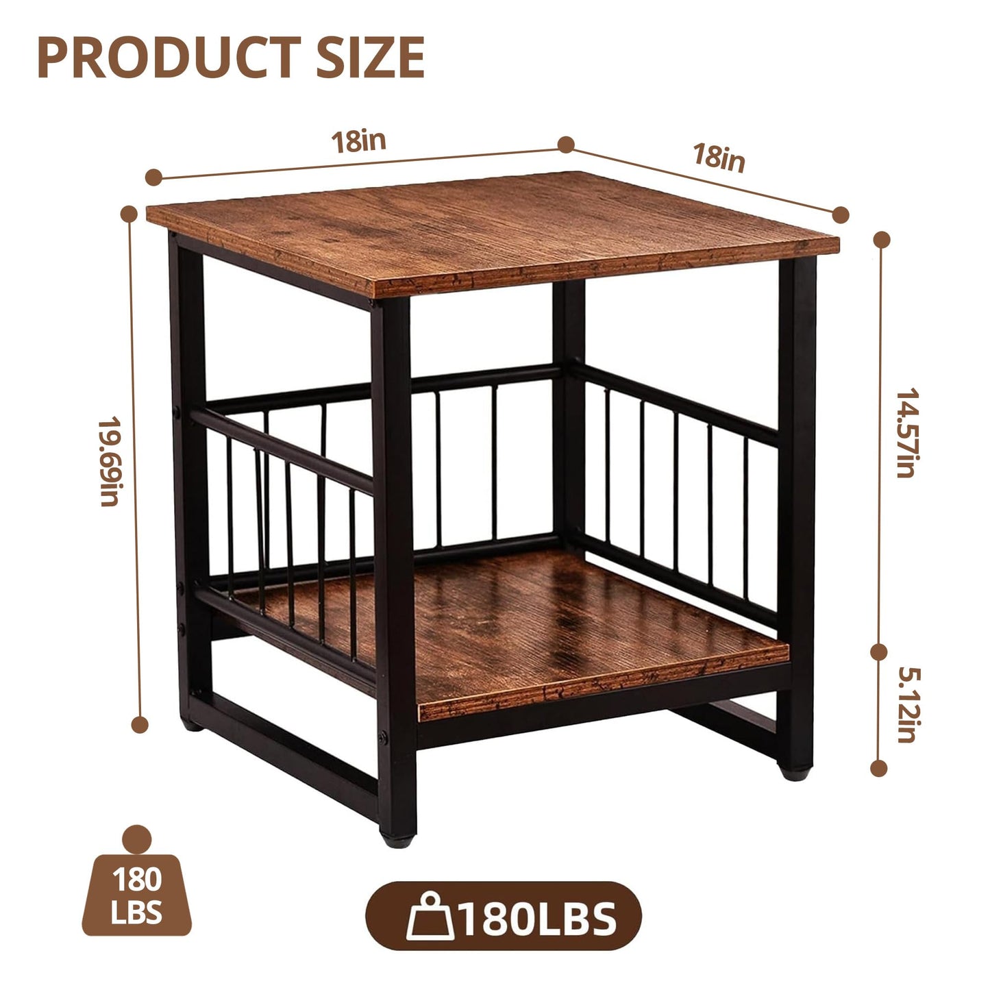EazeHome Industrial Night Stand, 18” Square Side Table with Open Storage Shelf, Bedside End Table for Bedroom, Heavy Duty Stand for Mini Fridge for Dorm, Kitchen Room, Rustic Brown