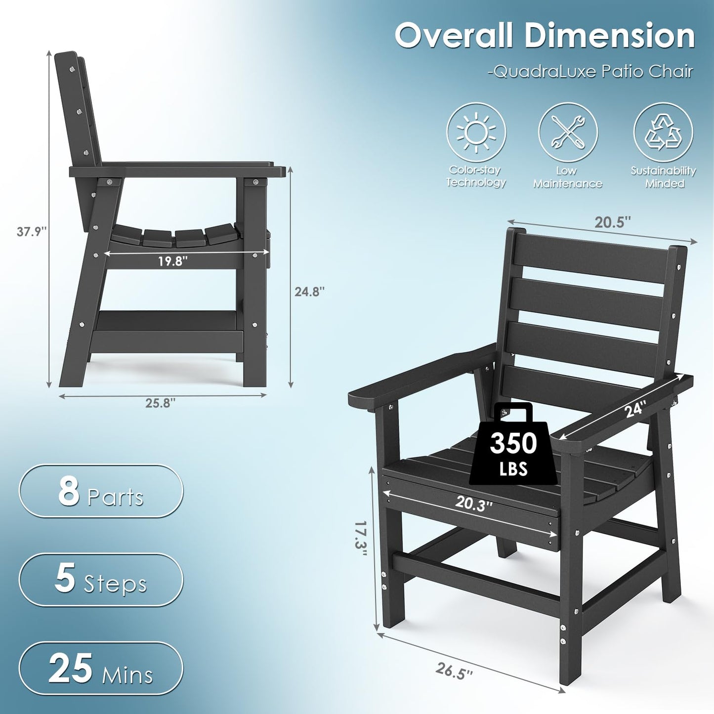 GREENVINES Patio Chair | Outdoor Dining Chairs Set of 2 | HDPE Plastic | Armrests | All Weather | QuadraLuxe | Black | for Backyard Deck Poolside Garden