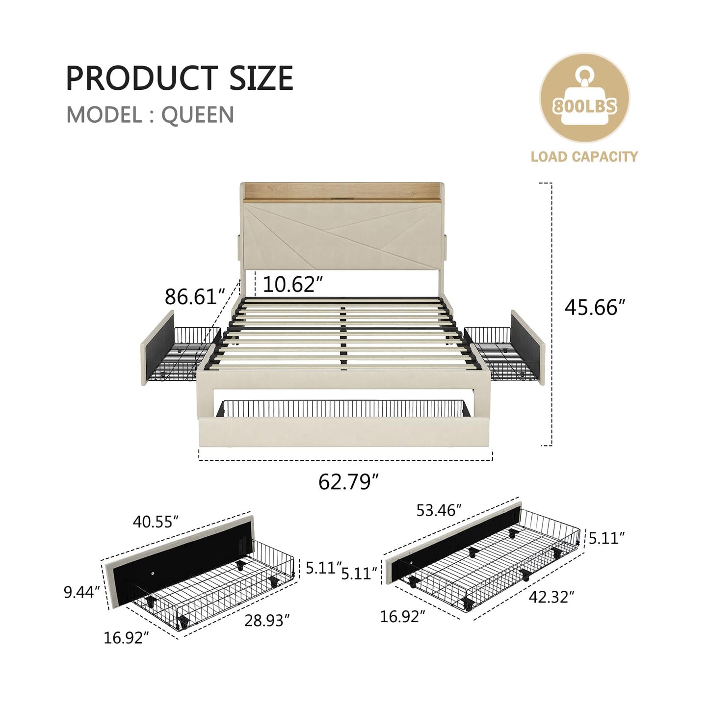Ugijei King Size Bed Frame with Headboard & Charging Station, Upholstered Platform Bed Frame King Size with 3 Storage Drawers, No Box Spring Needed, Easy Assembly, Cream