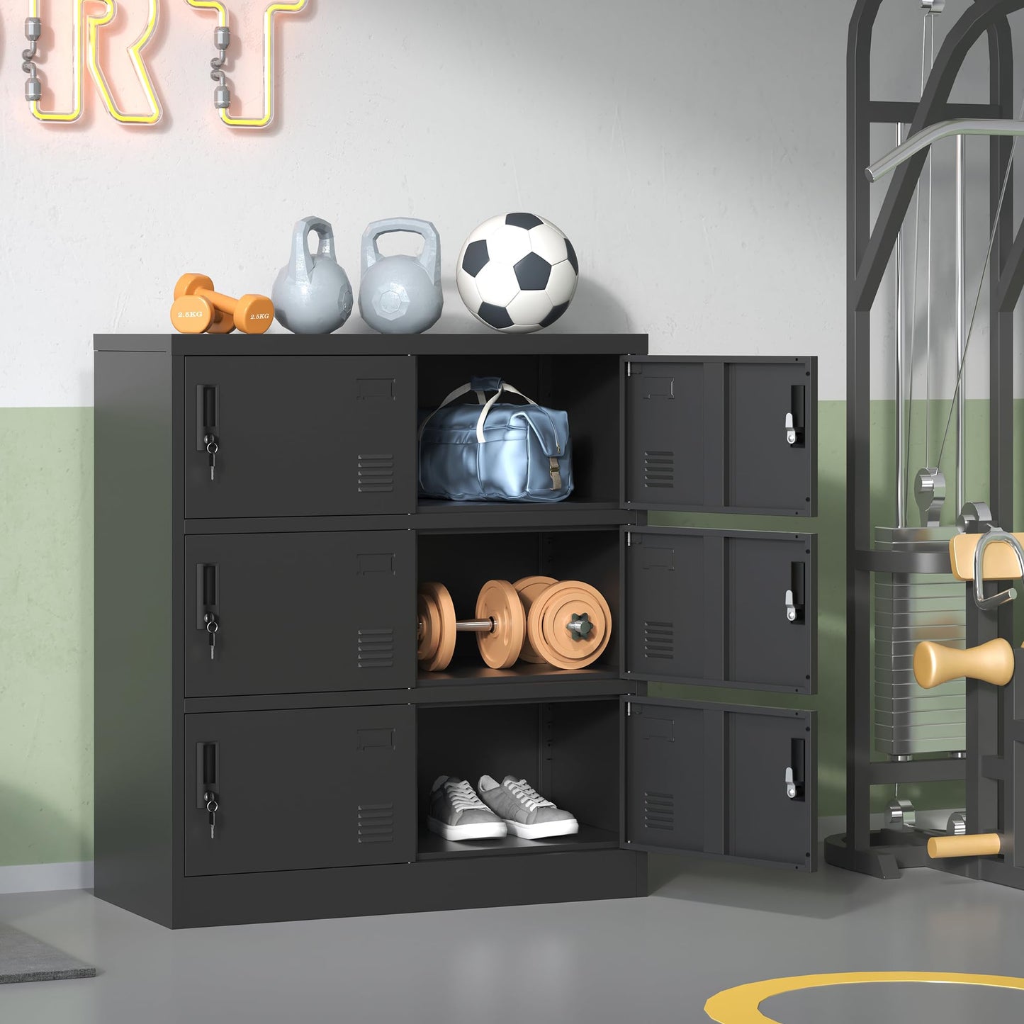 IKIMI Metal Lockers for Employees, Office Storage Locker with 6 Doors, Black, 35.43" W x 15.75" D x 39.37" H, Steel Staff Locker Storage Cabinet for Gym, Home, School, Garage, Assembly Required