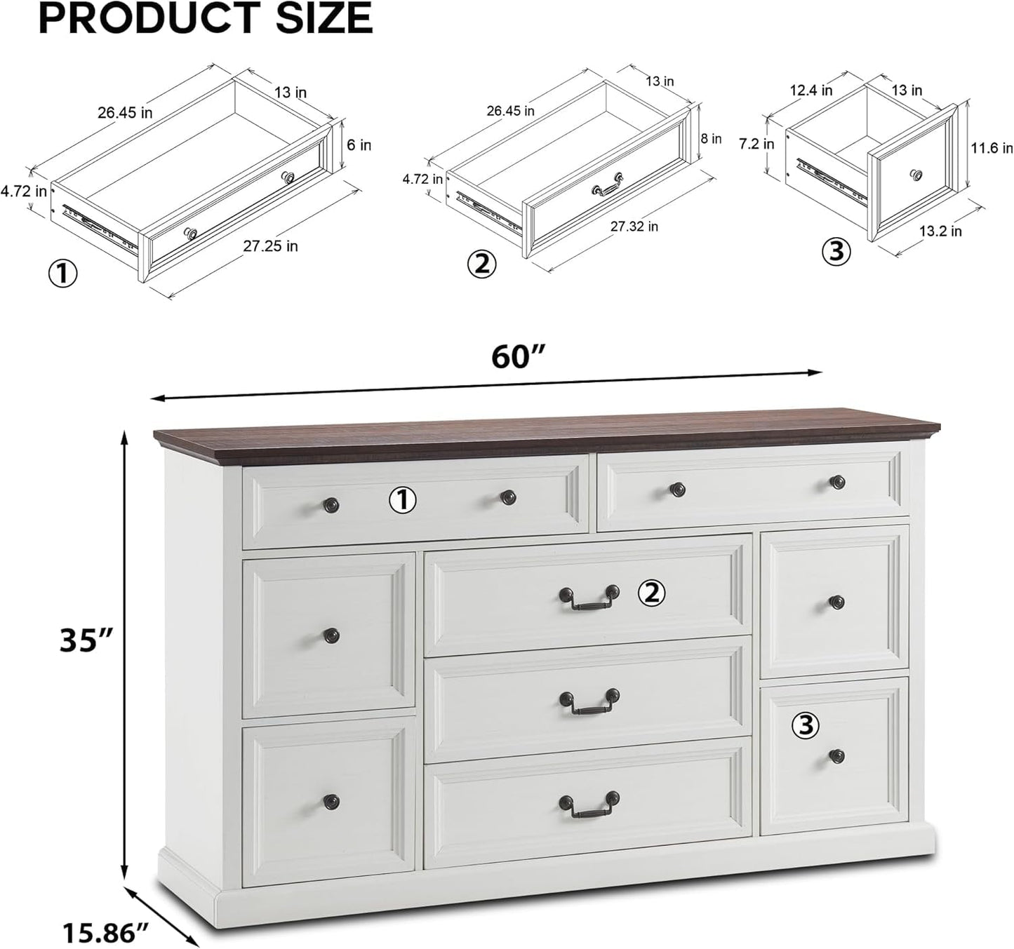 IFGET Farmhouse 9 Drawers Dresser for Bedroom, 60" Wide Wood Rustic Chest of Drawers, Large Storage Dressers Organizer for Bedroom, Living Room, Hallway, Dining Room-White