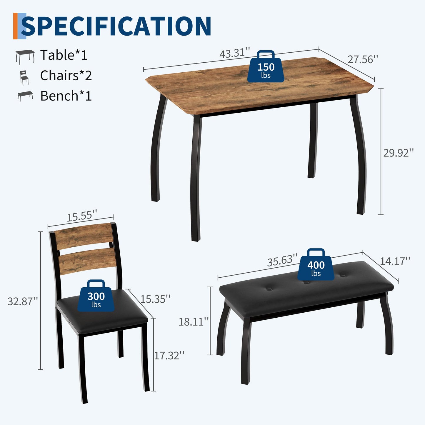 GAOMON Kitchen Table Set for 4, 4-Piece Dining Table with 2 Chairs and PU Upholstered Bench - Cutting Corner Tabletop Design, Space-Saving Kitchen Furniture for Studio, Restaurant, Retro