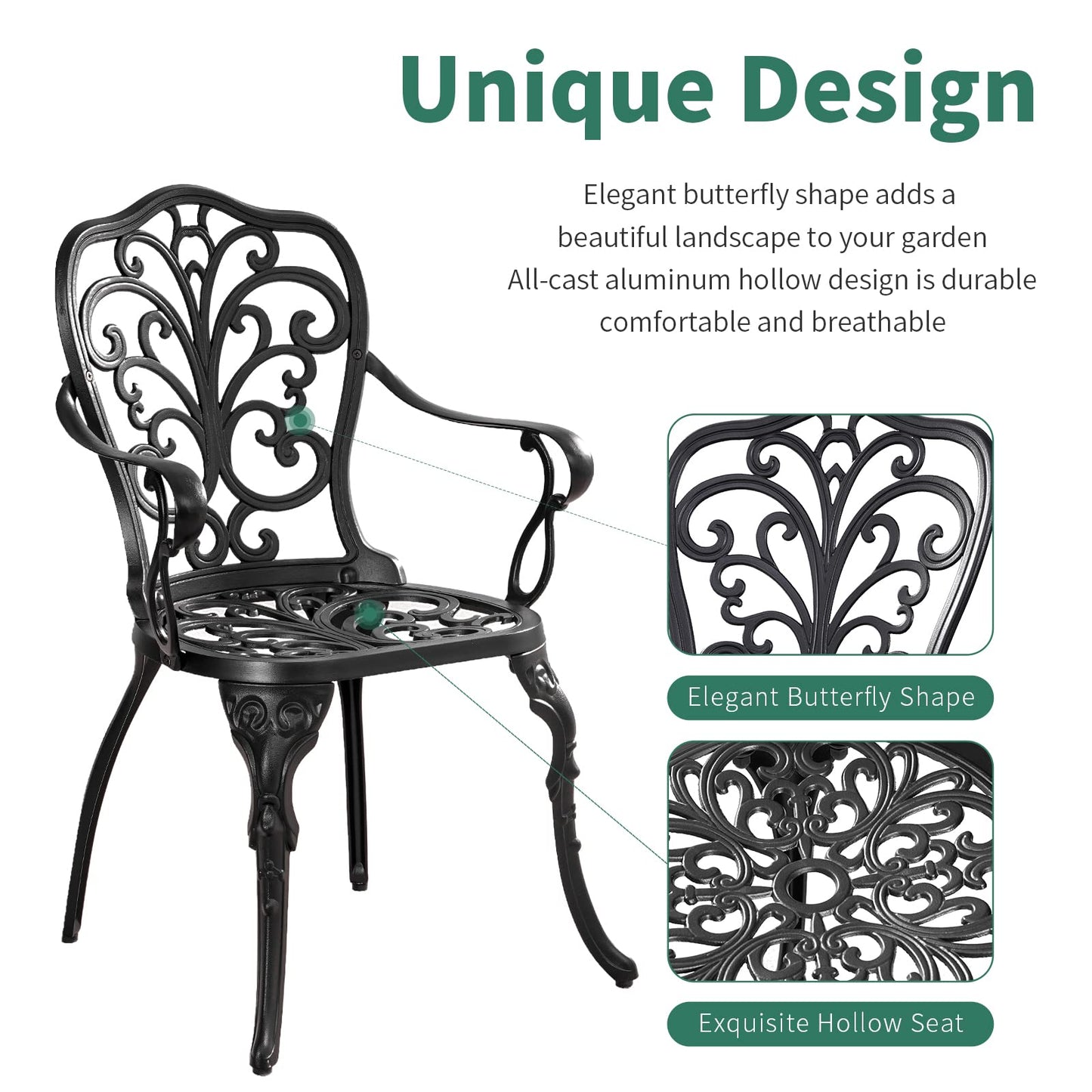 Withniture 3 Piece Patio Bistro Set Cast Aluminum Bistro Table and Chairs Set of 2 with Umbrella Hole,All Weather Metal Bistro Table Set,Outdoor Patio Furniture Set for Garden(Butterfly Black)