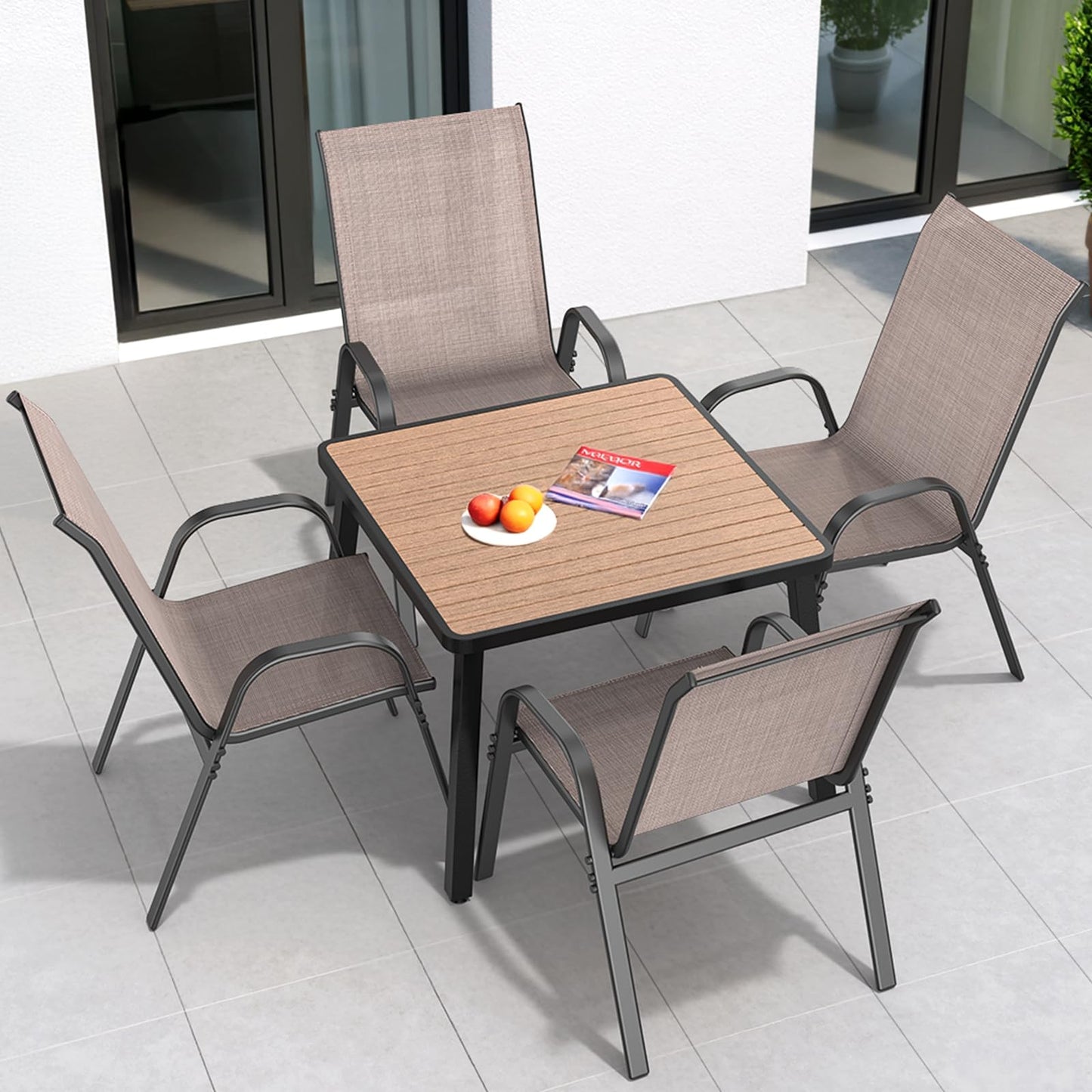 Dovov Patio Chairs Set of 4, Easily Set Up Stackable Outdoor Dining Chairs with High Back and Wide Seat, All Weather Breathable Outdoor Chairs Set of 4 with Metal Frame for Backyard Deck Pool, Brown
