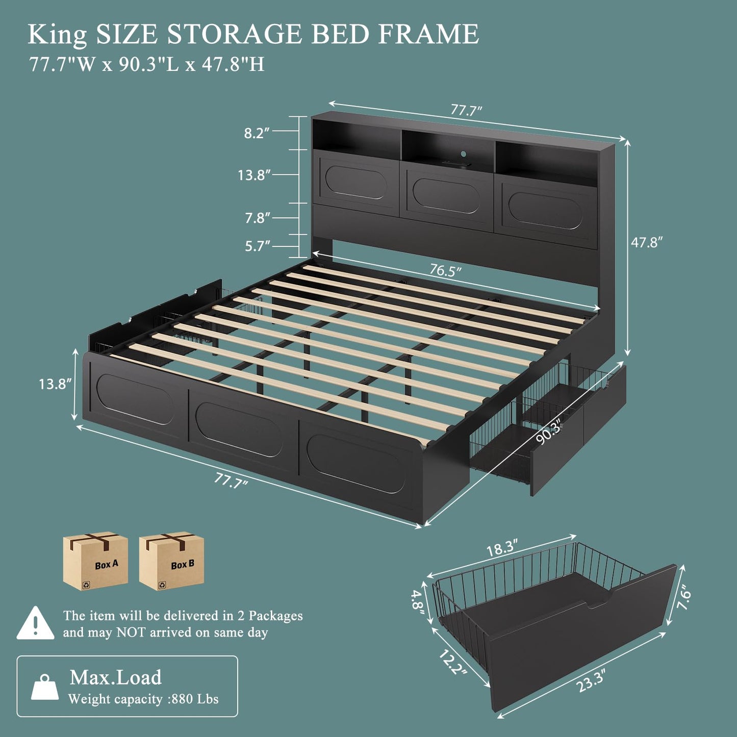 Modern Black King Size Bed Frame with 4 Storage Drawers, 48" Tall Storage Headboard with Charging Station, Platform Bed with LED Lights, No Box Spring Needed, Easy Assembly