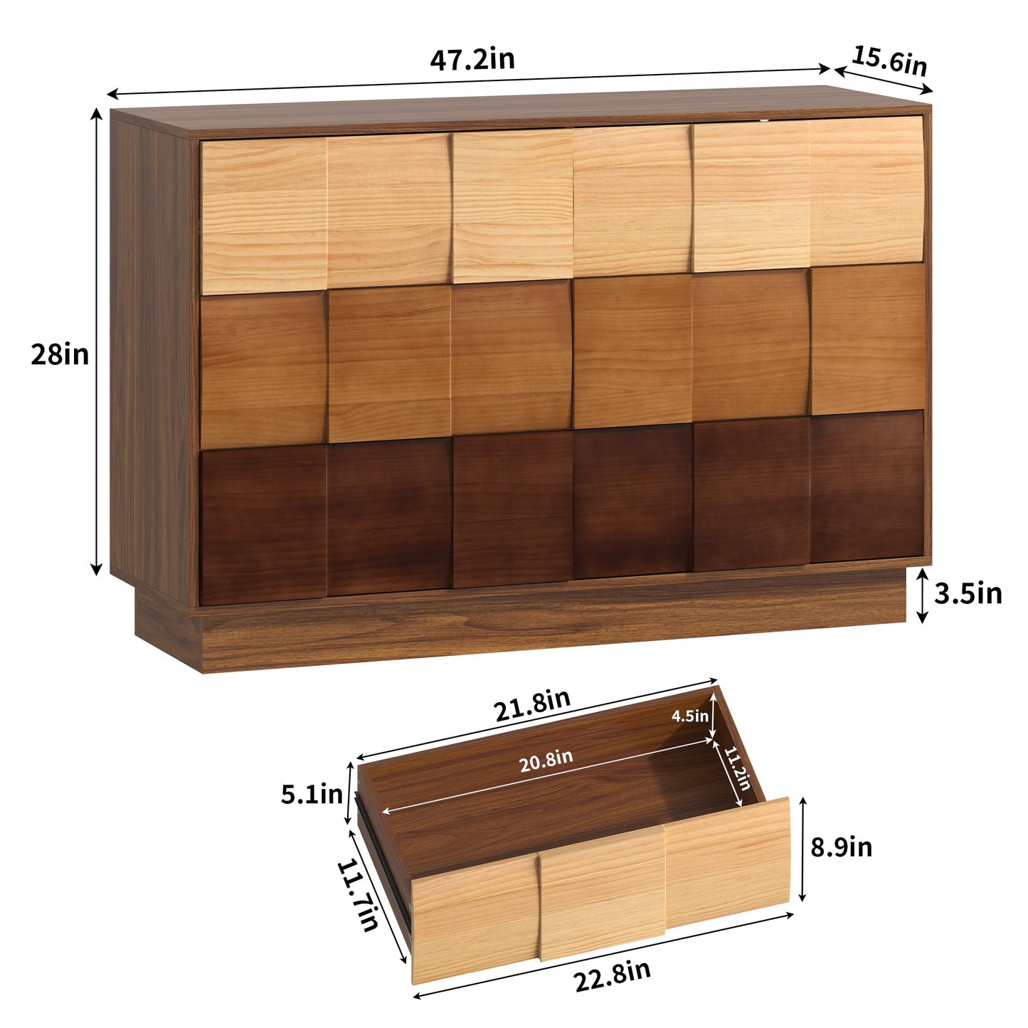 Lamohome 6 Drawer Dresser with Solid Wood Drawer Fronts, 47" Chest of Drawers Modern Wood Dresser with Artistic Gradient Color-Block Finish for Bedroom & Living Room