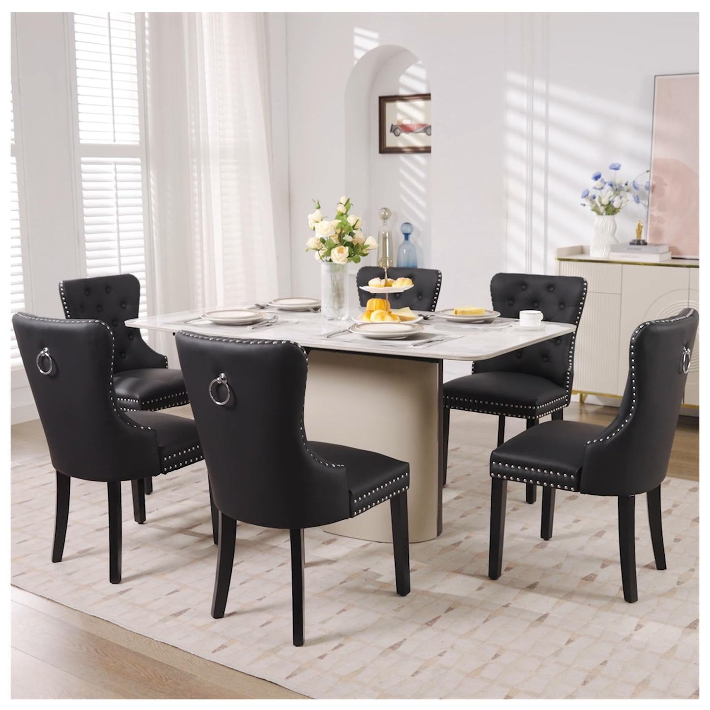 PU Leather Dining Chairs Set of 4, Tufted Upholstered Dining Room Chair with Solid Wood Legs and Pull Ring, Black