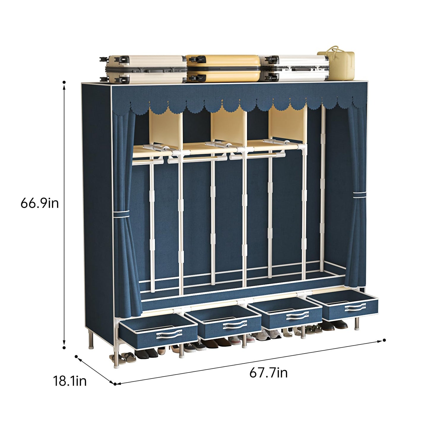 LEAIJIAFY Portable Wardrobe with 4 Drawers and 3 Shelves, 67 Inch Large Capacity Freestanding Wardrobe Hanging Organizer with Lid for Bedroom, Blue