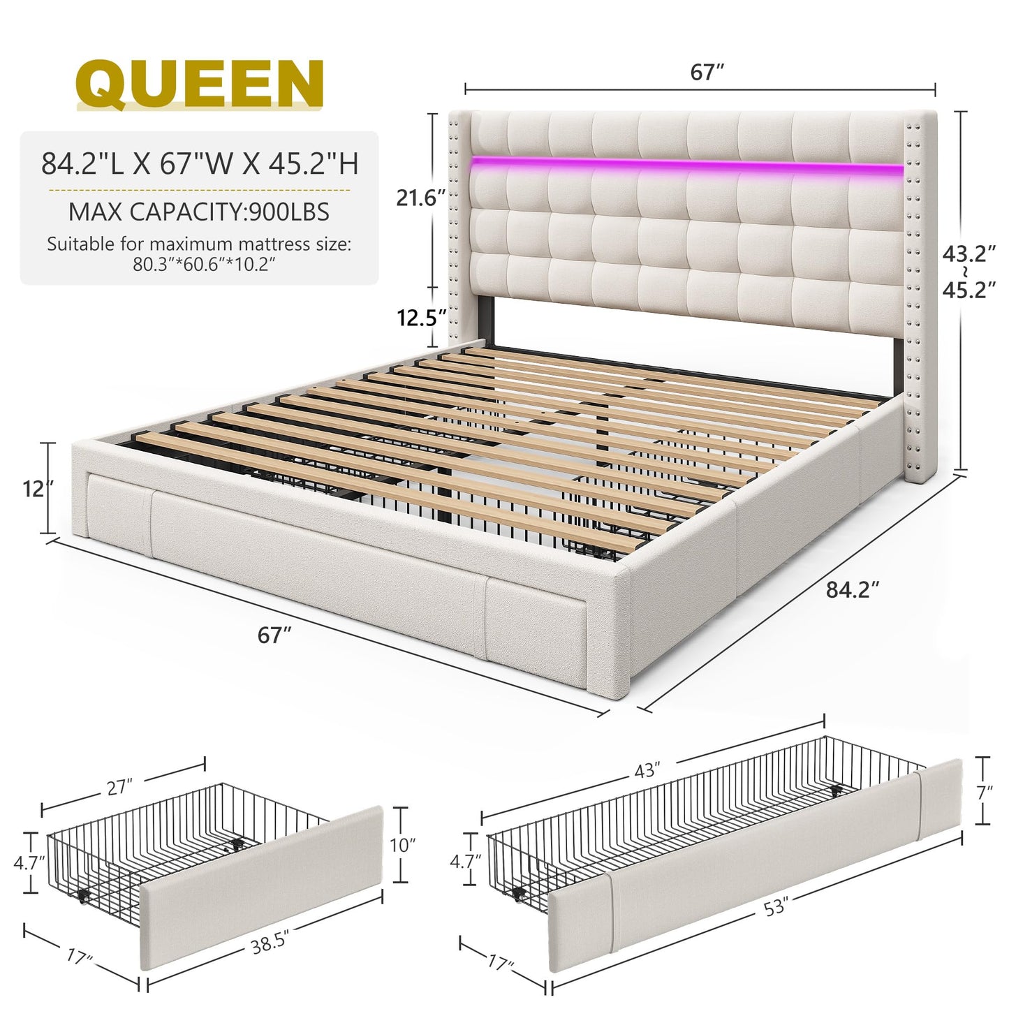 EnHomee Queen Bed Frame with 3 Storage Drawers Upholstered Bed Frame Queen Size with LED and Adjustable Headboard Noise Free No Box Spring Needed Easy Assembly, Beige