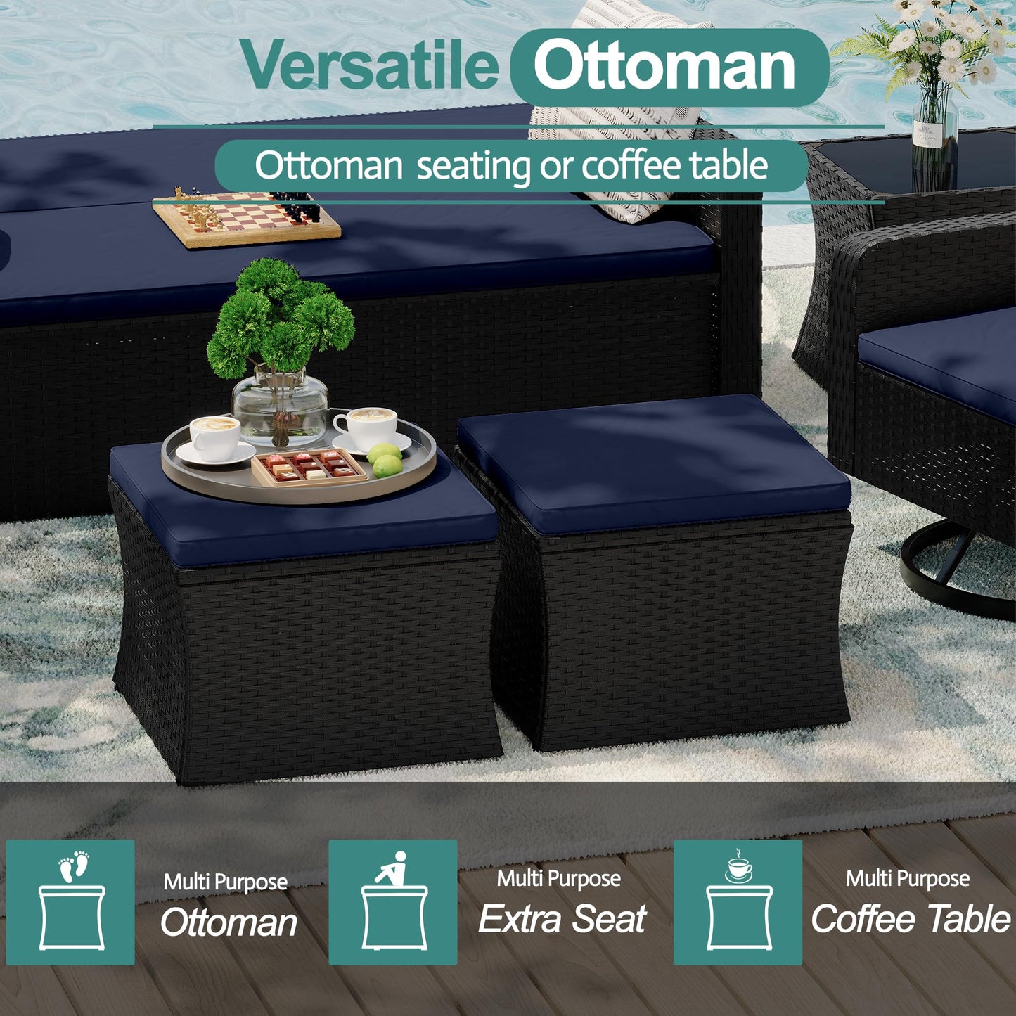 QUYZE 6 Piece Patio Furniture Set, Wicker Patio Conversation Sets with Swivel & Recline Chairs, Outdoor Sectional Sofa Sets with 2 Storage Ottoman, Outdoor Patio Recline Set for Backyard
