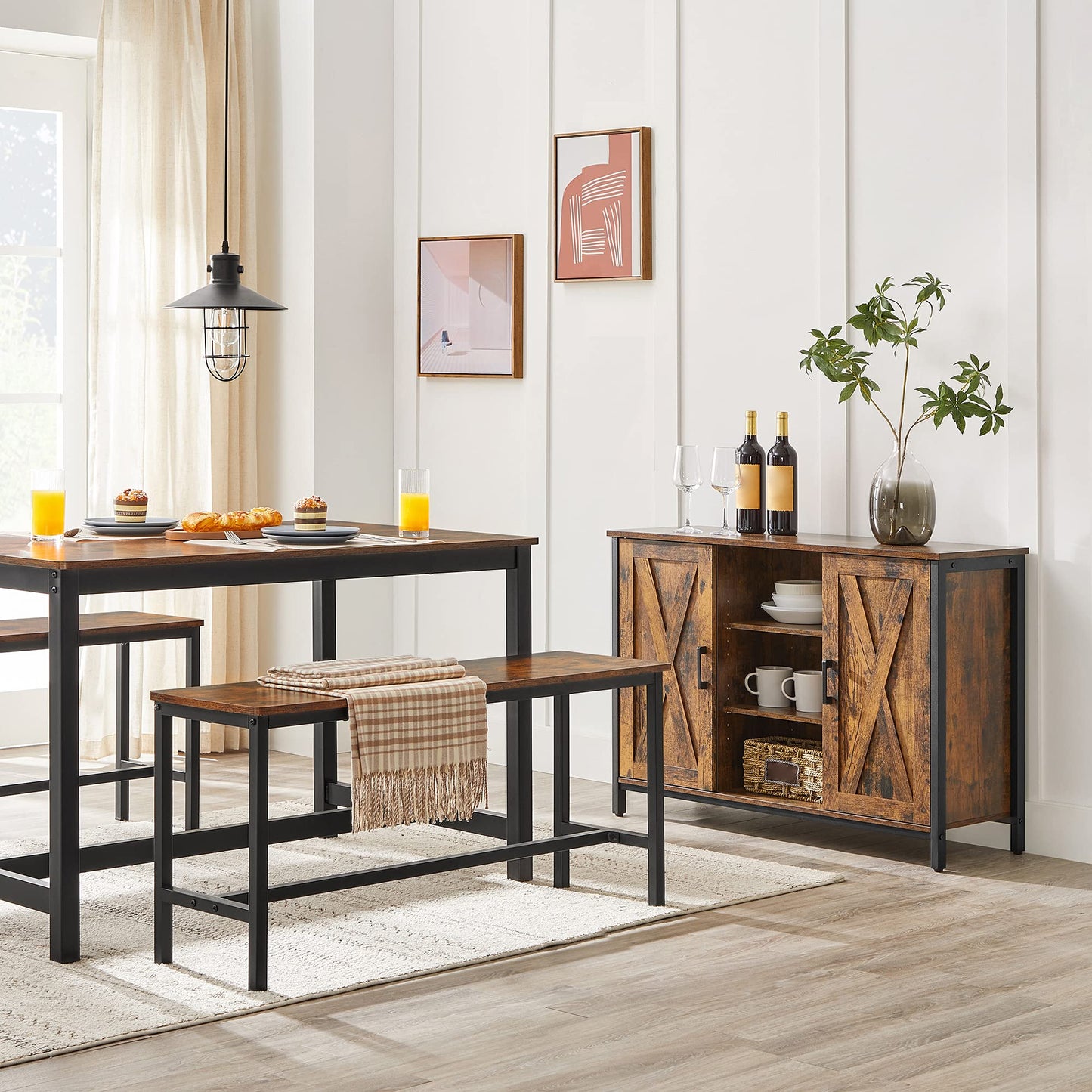 VASAGLE Dining Bench, Pair of 2, Industrial Style, Steel Frame, for Kitchen, Living Room, 12.8 x 42.5 x 19.7 Inches, Rustic Brown + Black,UKTB33X