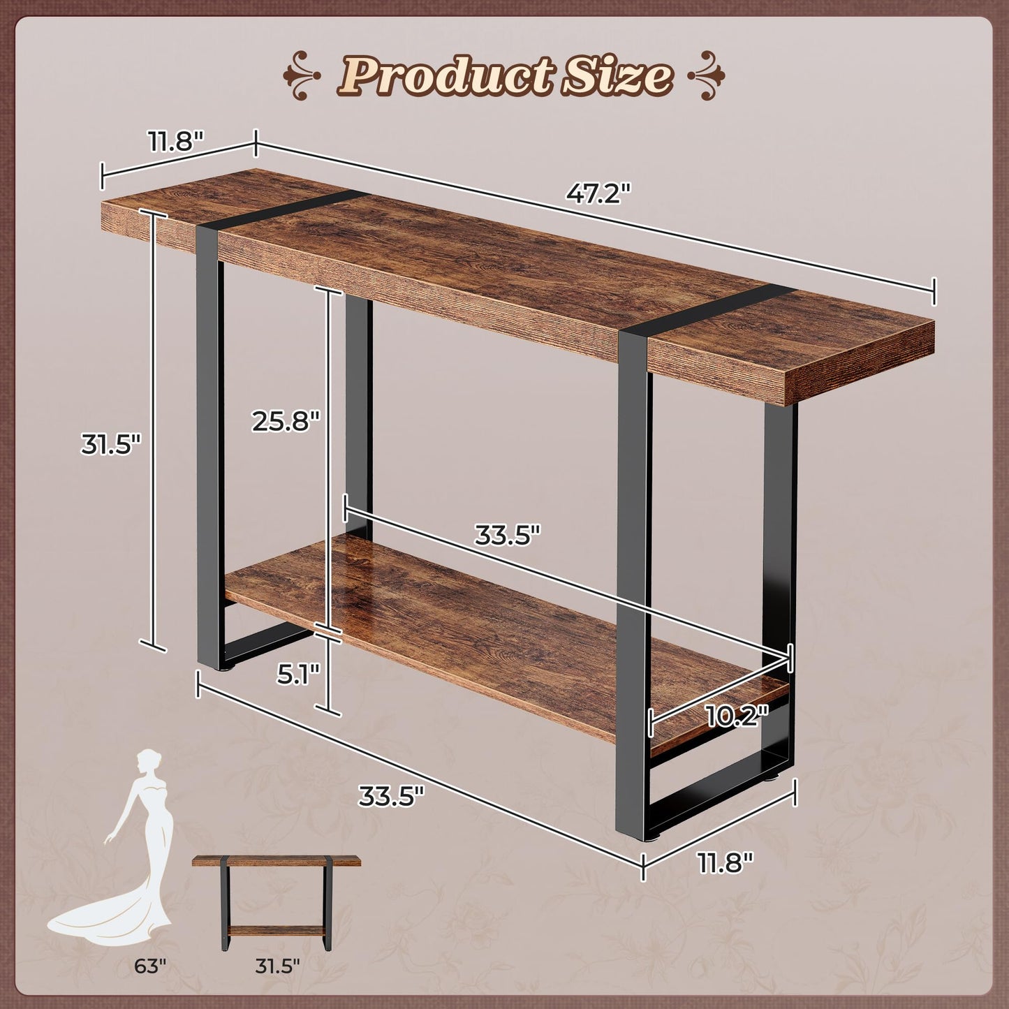 Huuger 47.2 Inch Entryway Table, 2-Tier Industrial Console Sofa Table, Accent Table with Storage, for Entry, Hallway, Entrance, Foyer, T-Shaped Metal Frame, Rustic Brown