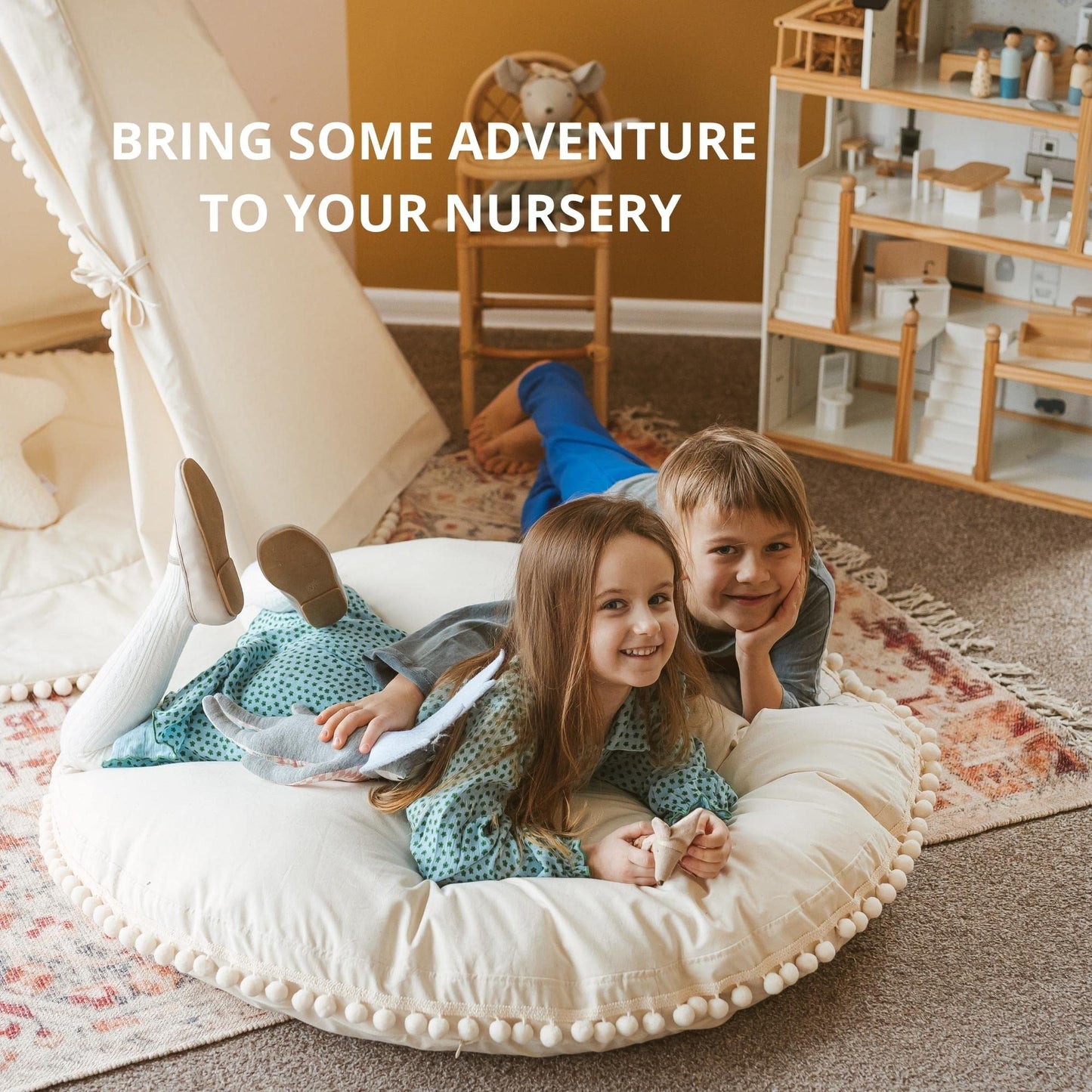 MINICAMP Large Kids Floor Pillow - Ultra-Fluffy Bean Bag Chair with Filler Included & Washable Cover - Cute Floor Lounger, Reading Cushion for Toddlers & Teens - 100% Certified Cotton - 40” Wide!