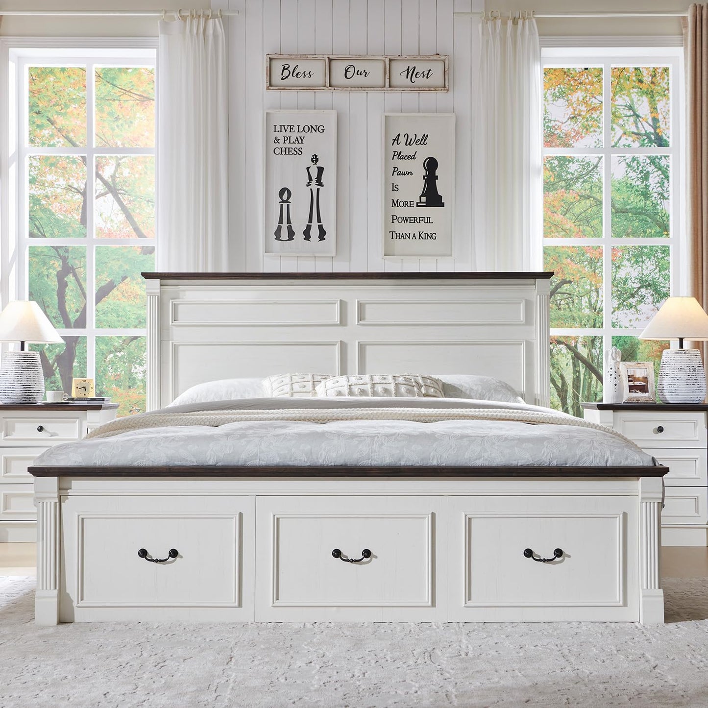 Aitjunz 26" Tall Farmhouse Nightstand Set of 2, 3 Drawers End Table w/Charging Station, 23.6" Wide Large Side Table w/Roman Column, Wood Rustic Sofa Table for Bedroom, Living Room, White