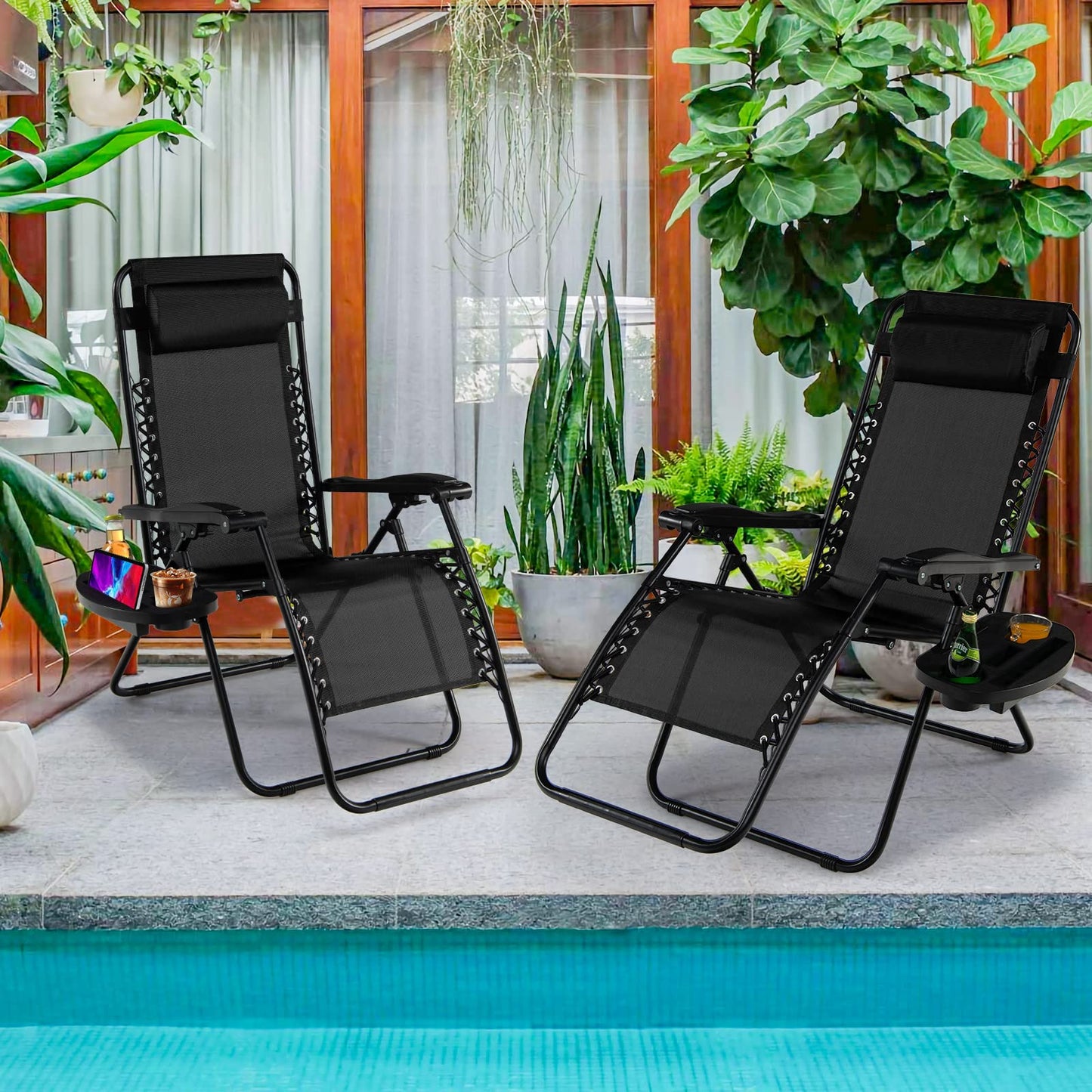 Goplus Zero Gravity Lounge Chairs, 160°Adjustable Folding Recliner w/Pillow and Cup Holder, 350LBS Comfy Outdoor Lounge Chairs for Patio, Lawn, Yard & Camp(Set of 2, Black)
