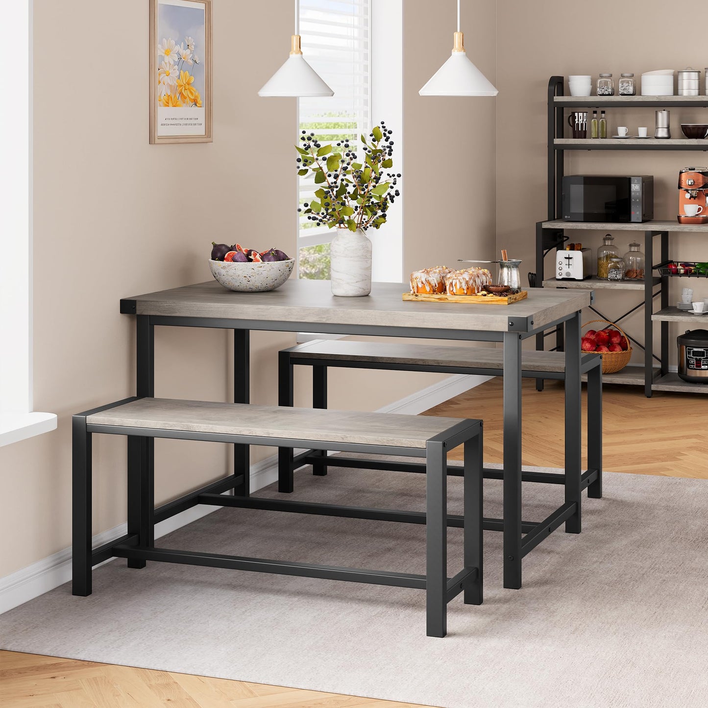 GarveeHome Dining Table Set for 4, Kitchen Table with 2 Metal Wood Benches, Rectangular Room Dining Table Set, 3 Piece Farmhouse Kitchen Table Set for Small Space, Apartment, Studio, Rustic Gray