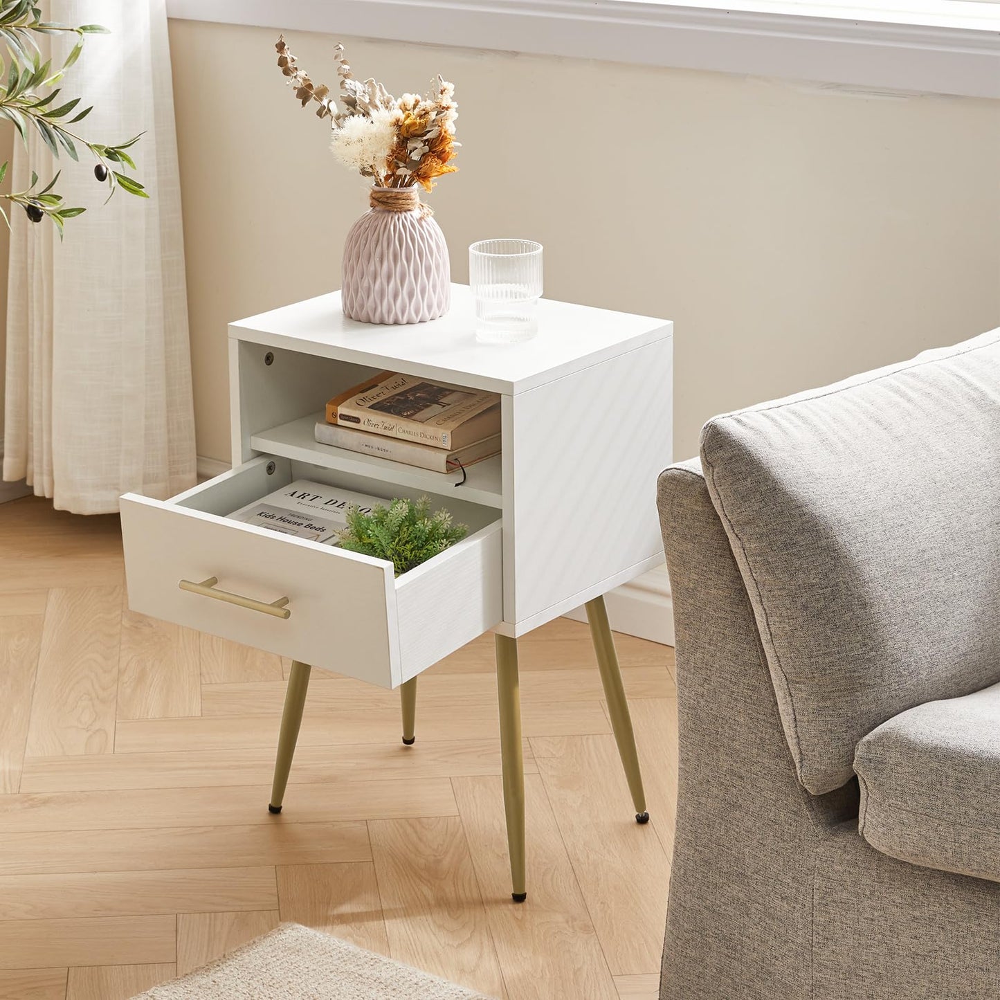 IBUYKE Nightstand, Mid Century Modern Night Stand, Bedside Table with Drawers and Open Storage Shelf, End Side Table with Metal Legs, for Bedroom, Small Spaces, White UWNS004W