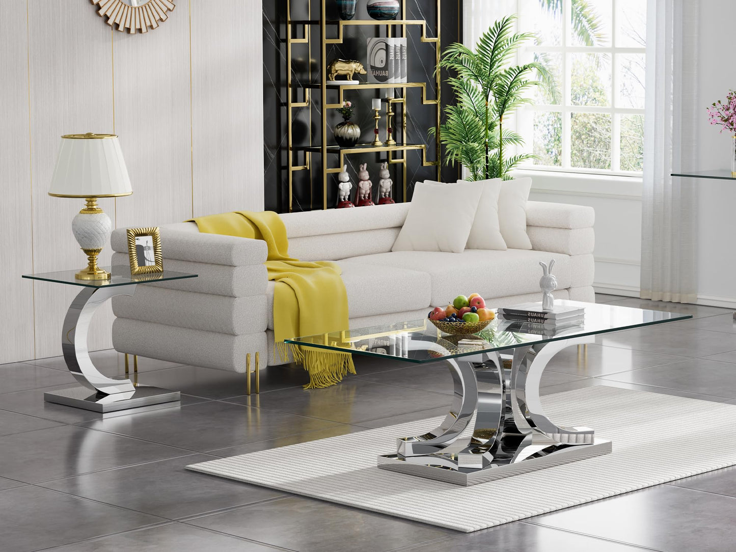 HomVent 3 Piece Glass Coffee Table Set, Living Room Side Table Set of 3, Modern Tempered Glass Coffee Table and 2 End Tables Set with Silver Unique Shapes Stainless Steel Base for Living Room