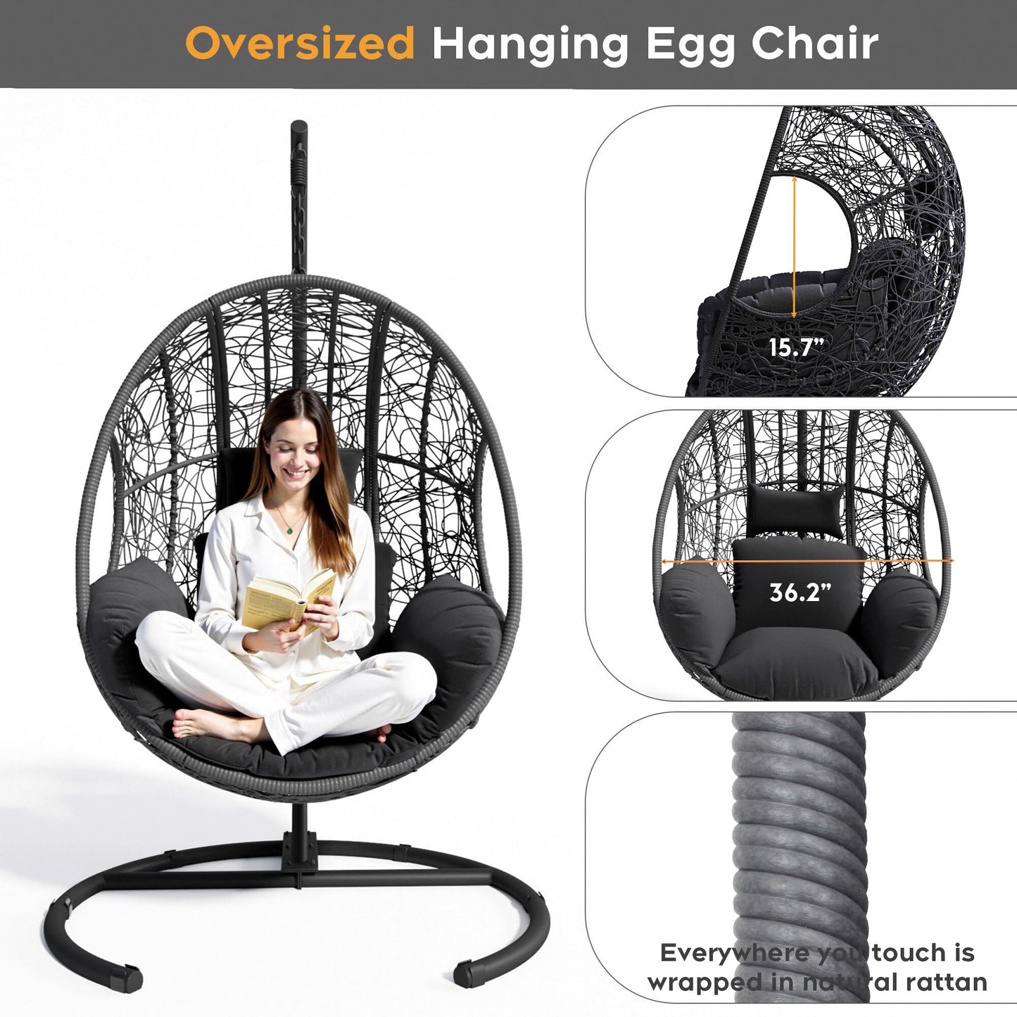 Terravoy Hanging Egg Chair with Stand, Outdoor Swing Egg Chair with Rain Cover, 400 LBS Capacity All-Weather PE Wicker Swing Chair with Waterproof Cushions (Grey, Nest)