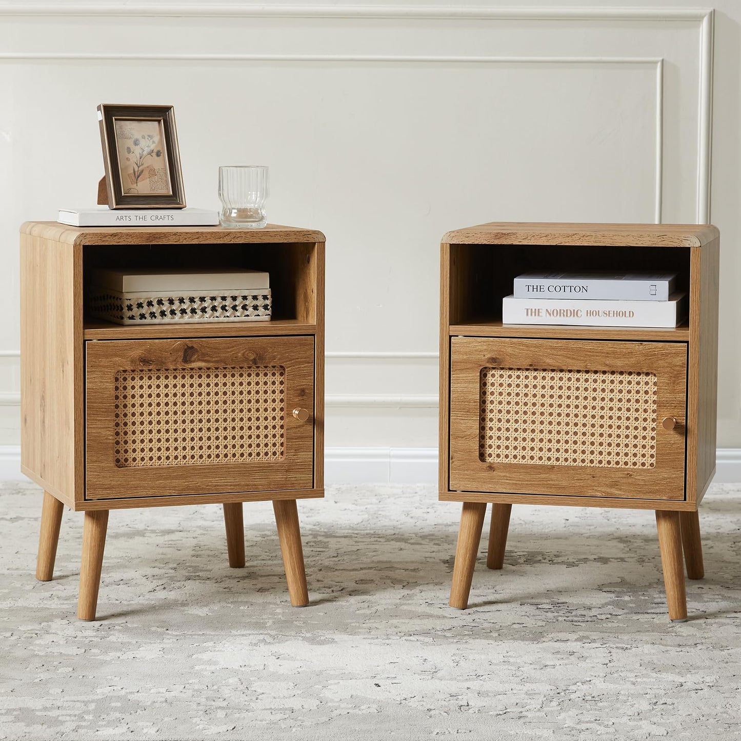 Noskatu Nightstands Set of 2,Night Stand with Rattan Decor Door,16" Modern Side Table with Curved-Top,Bedside Table with Wood Legs and Anti-Slip Pads for Bedroom,Living Room,Nature Wood