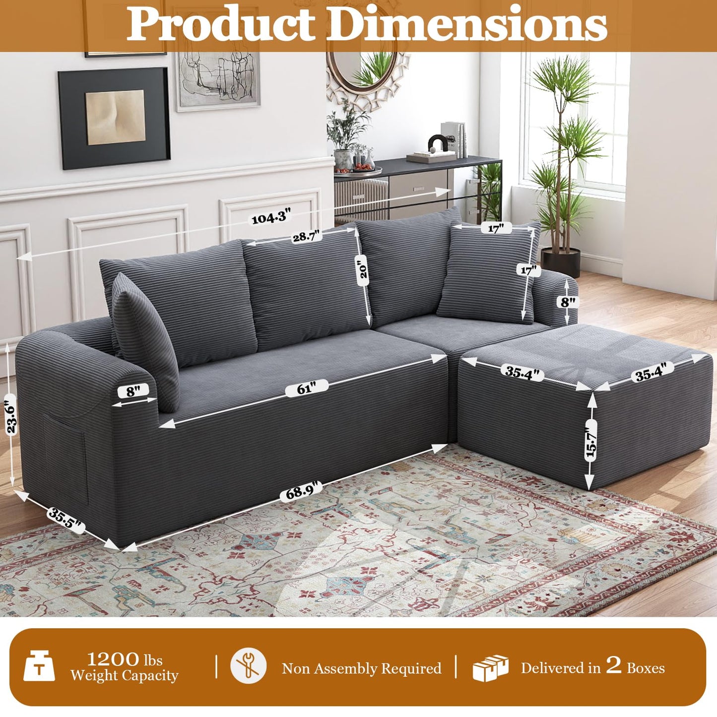 Cloud Sectional Couch with Ottoman, Modern L-Shaped Modular Sectional Sofa with Chaise Corduroy Boneless Couches for Living Room Bedroom Apartments, Stain-Resistant Fabric & Free Assembly, Grey