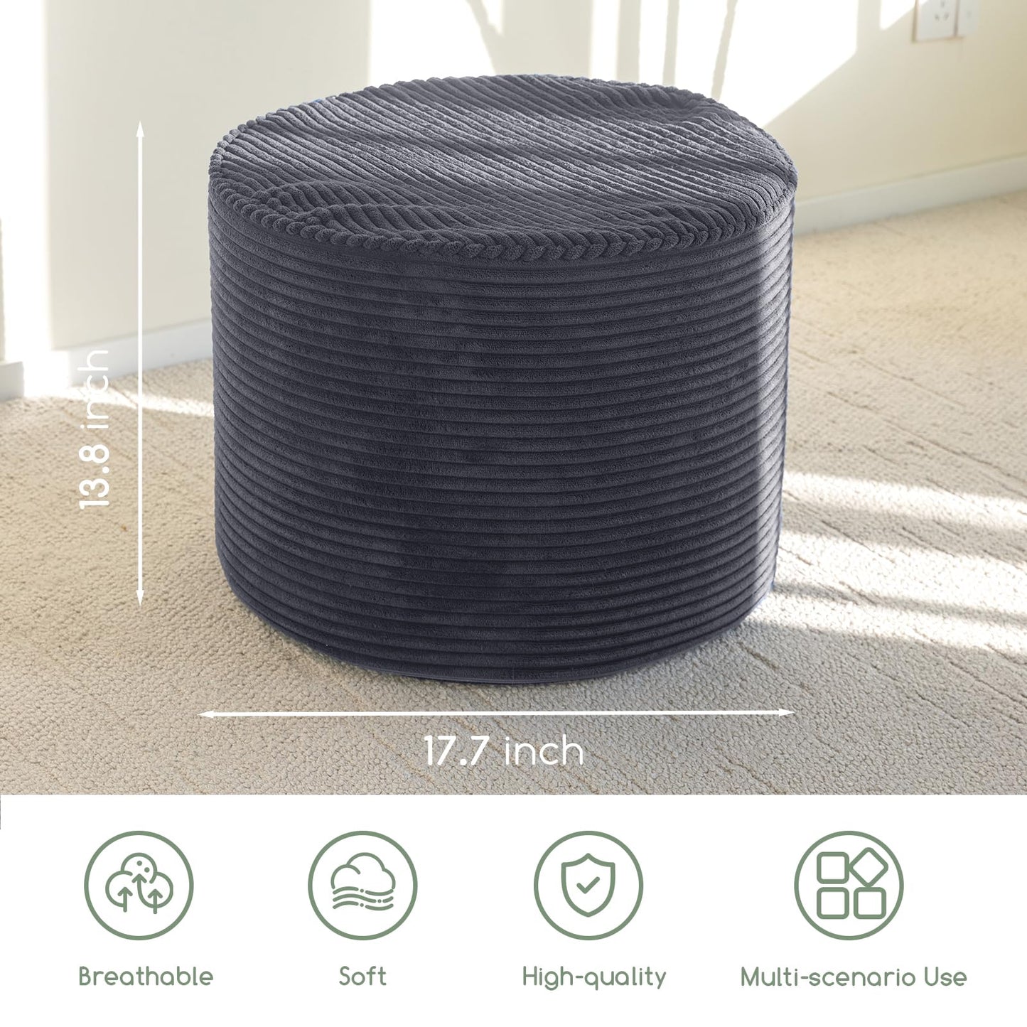 HIGOGOGO Round Stuffed Pouf Ottoman, Corduroy Poufs with High-Density Foam Filling, Furry and Fluffy Pouf Foot Stool Storage Ottoman, 17.7 x 13.8 Floor Poufs Foot Rest for Living Room,Dark Grey