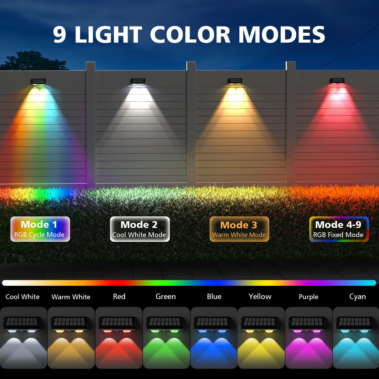 APONUO Solar Fence Lights Outdoor Waterproof, Fence Lights Solar Powered, 9 RGB Color Modes&Warm White&Cool White, Fence Solar Light Outdoor for Backyard, Patio, Wall, Yard,Deck(Black, 12 Pack)