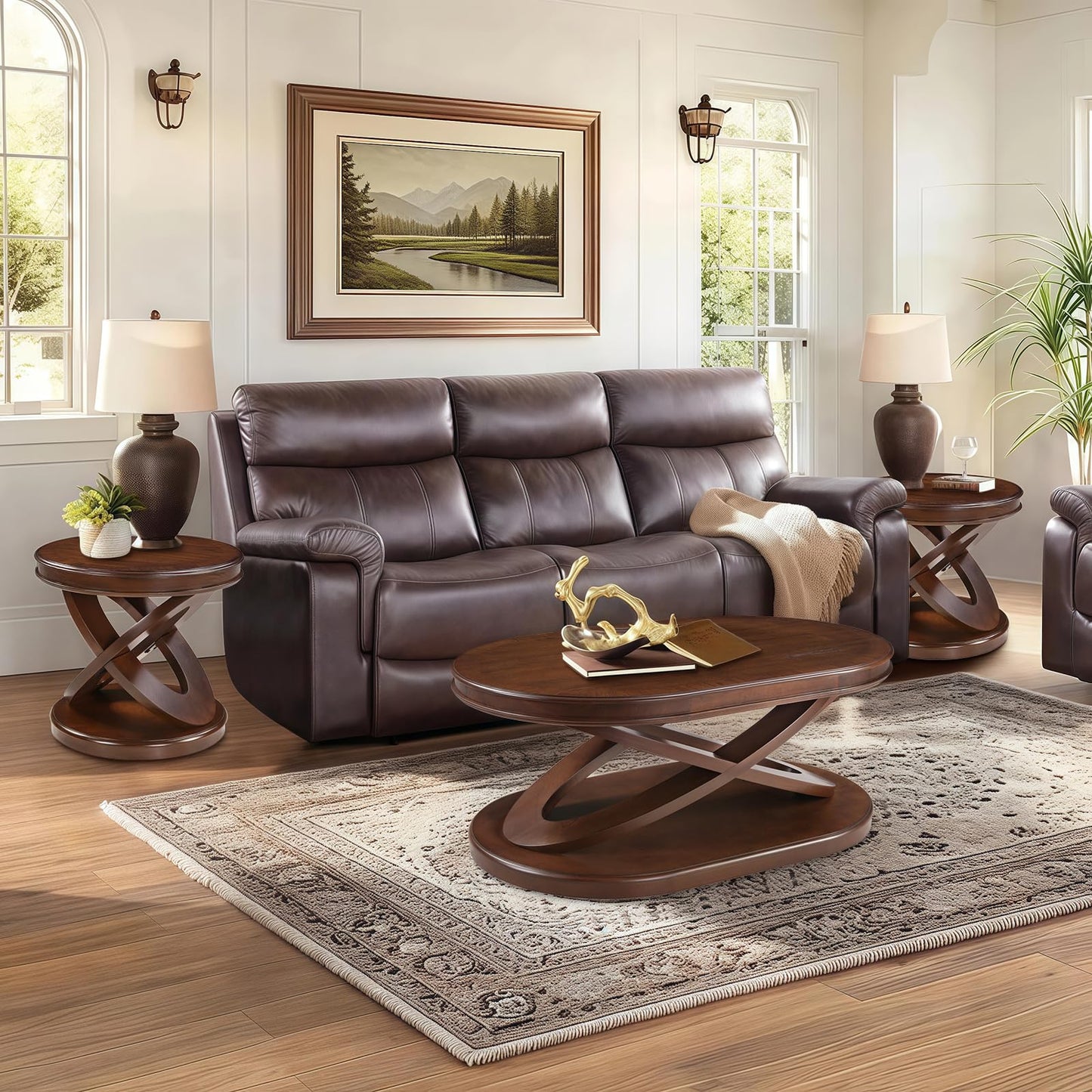LKTART Wood Coffee Table Set of 3, Oval Coffee Table and Round End Tables Living Room Set of 2, Vintage Side Table with X-Shape Support,Walnut