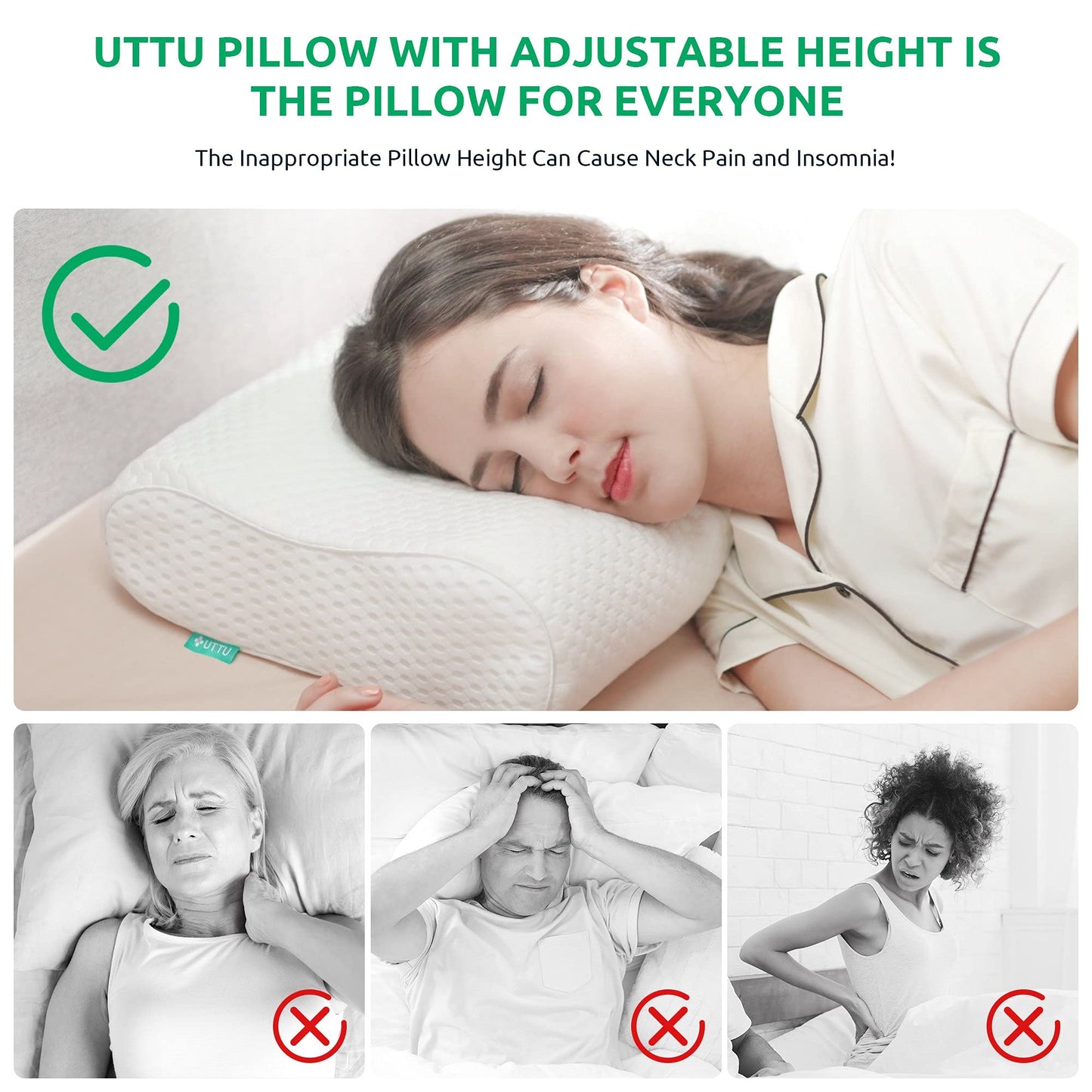 UTTU Cervical Pillow for Neck Strain Relief, Memory Foam Neck Pillow for Sleeping, Adjustable Orthopedic Sandwich Pillow, Contour Cooling for Side Back Stomach Sleeper, Queen(23.6"×14"×4.7"/3.9")
