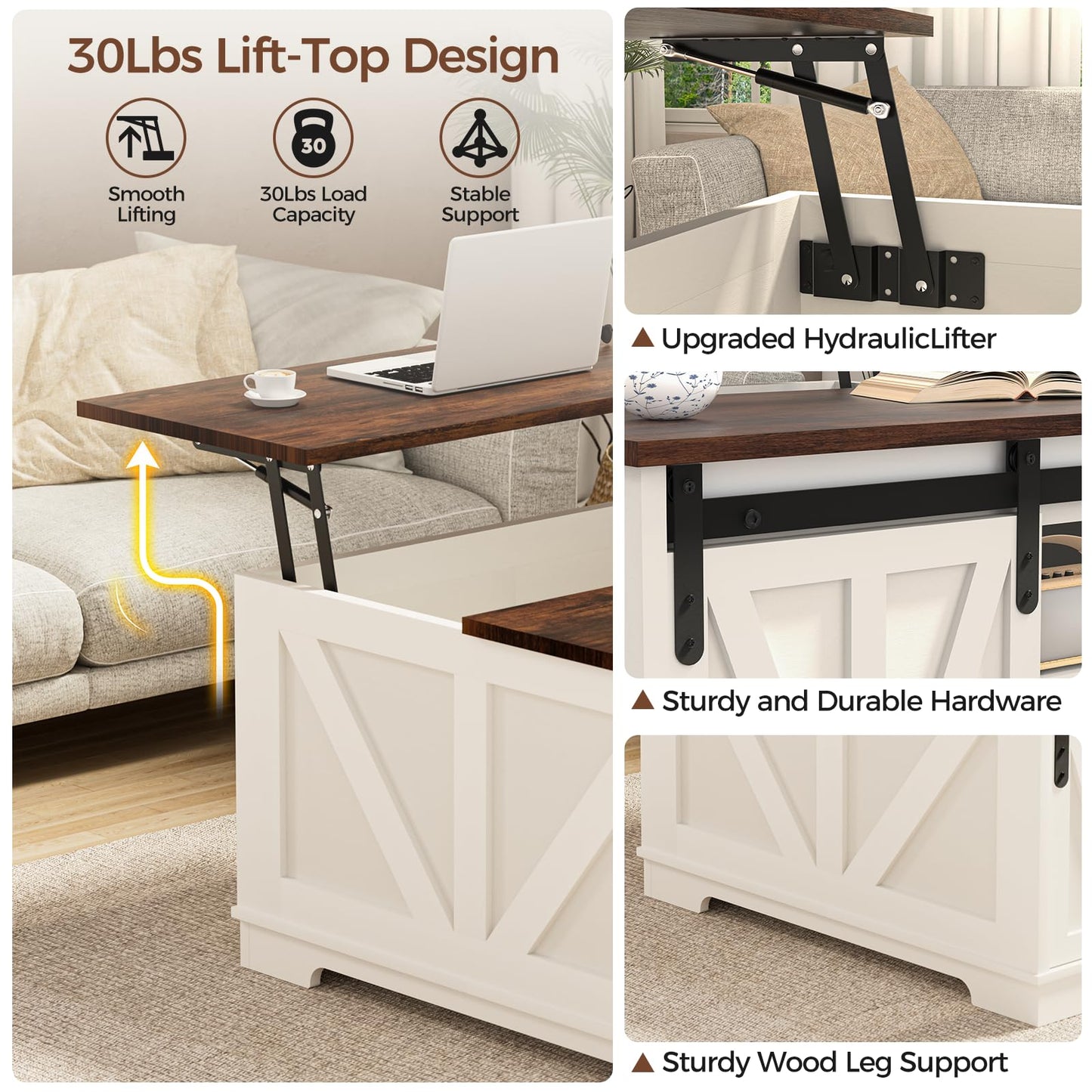 Loftiage 31.5โ Lift Top Coffee Table with Hidden Storage, Farmhouse & Modern Square Coffee Table, Space Saving Center Table for Living Room, Home Office, Small Spaces