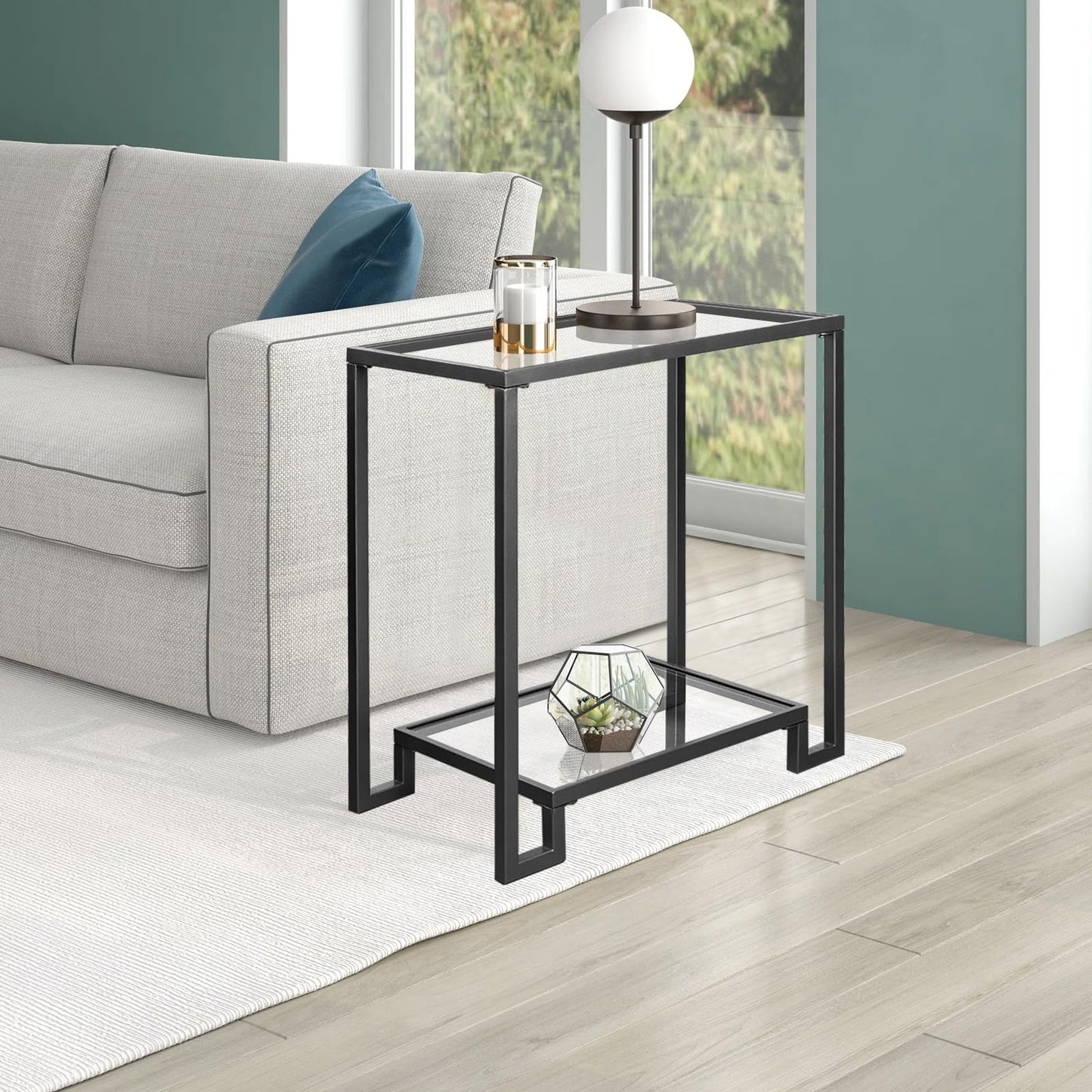 GIFTTROVE 2 Tier Rectangular Side Table, Black End Table with Glass Top, Modern Metal Clear Coffee Tables,Small Accent Tables for Living Room, Bedroom, 22" x 12.4" x 24"